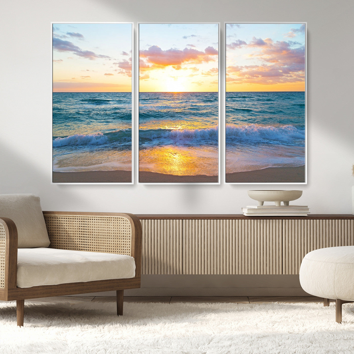 78006-MGV-CV-36X24-Golden Sunrise Ocean Wall Art – Panoramic Beach Waves Canvas Print, Coastal Seascape Artwork for Living Room, Bedroom, Office, or