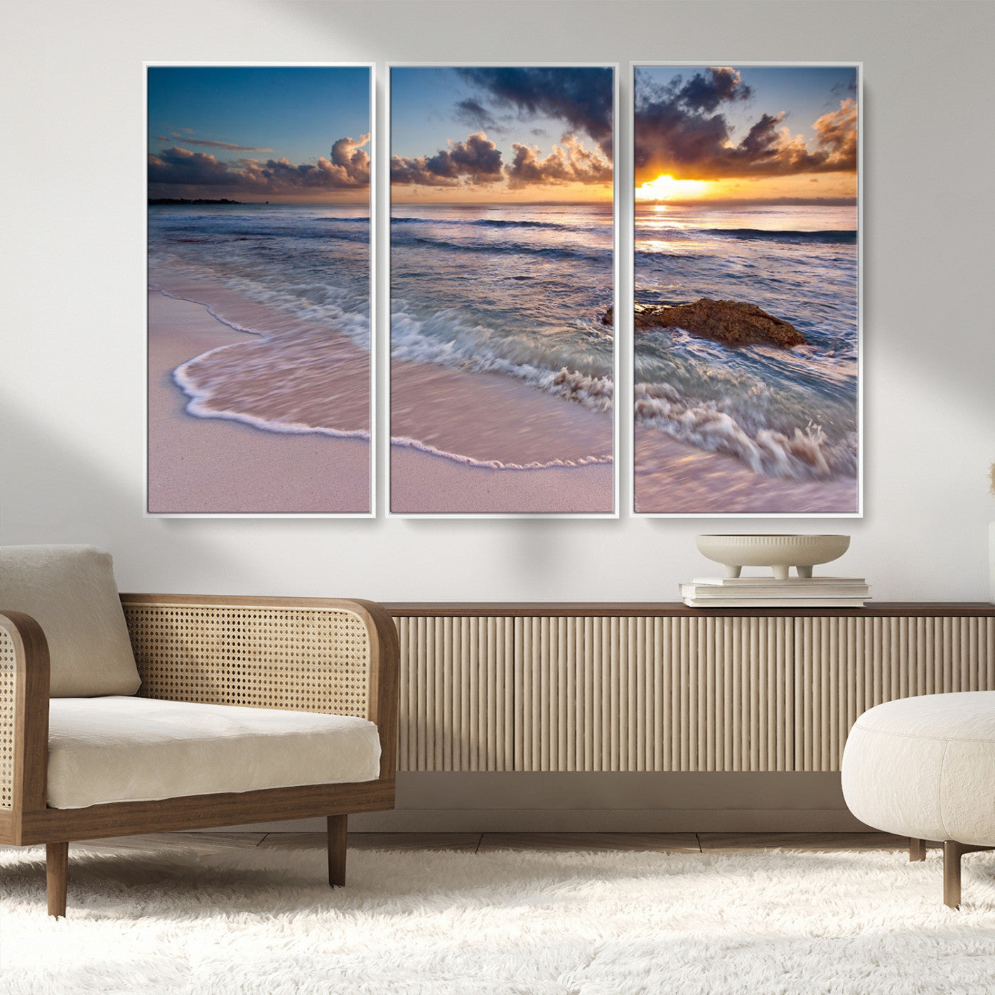 94906-MGV-CV-36X24-Sunrise Beach Wall Art – Panoramic Ocean Waves Canvas Print, Coastal Sunset Seascape Artwork for Living Room, Bedroom, or Office
