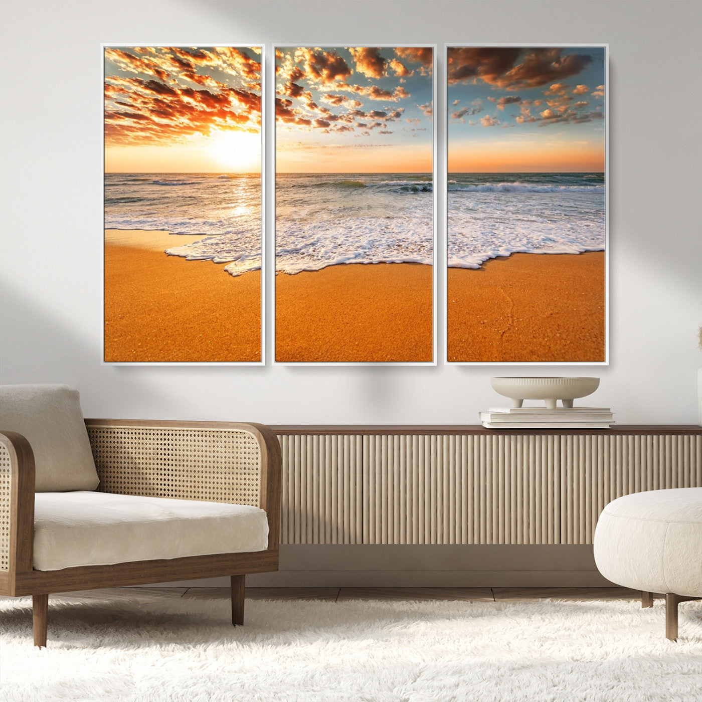 15399-MGV-CV-36X24-Golden Sunrise Beach Wall Art – Ocean Waves on Sandy Shore Canvas Print, Coastal Seascape Decor for Living Room or Bedroom