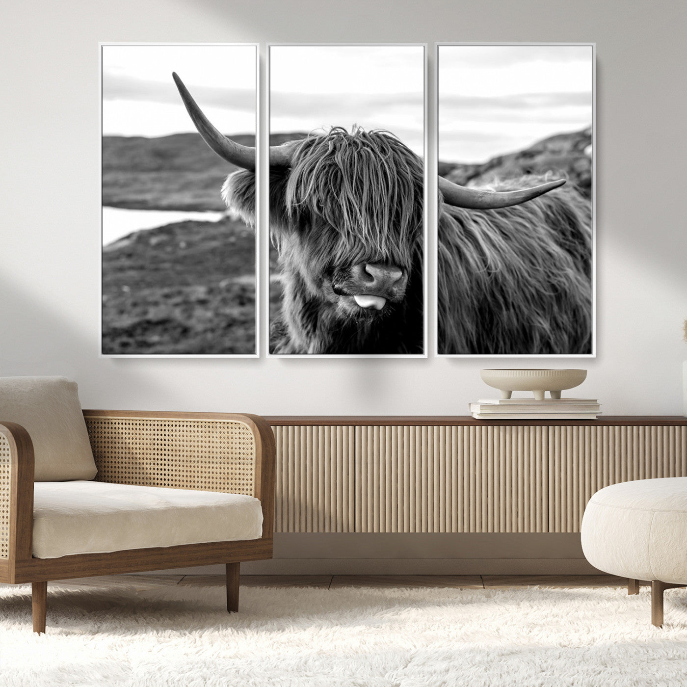 83810-MGV-CV-36X24-Highland Cow Wall Art – Black and White Highland Cattle Print, Rustic Farmhouse Animal Decor for Living Room