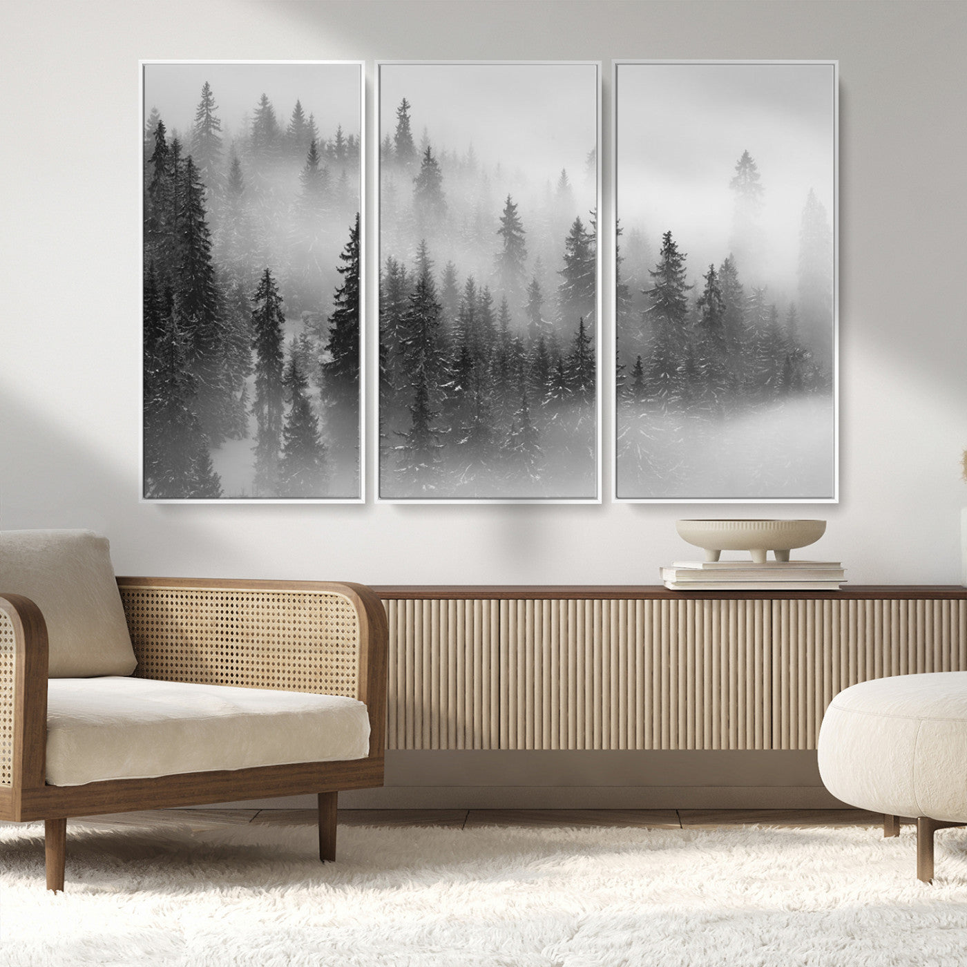 57235-MGV-CV-36X24-Misty Pine Forest Wall Art – Black and White Mountain Landscape Canvas Print, Nature Woodland Decor for Living Room, Bedroom or