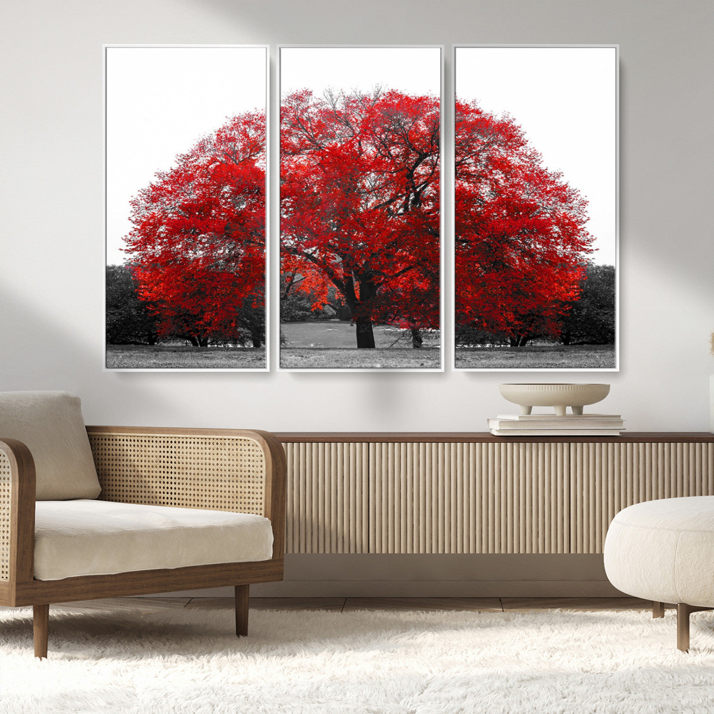 80021-MGV-CV-36X24-Red Tree Wall Art – Striking Black and White Landscape Canvas Print with Vibrant Red Leaves, Modern Nature Decor for Living Room