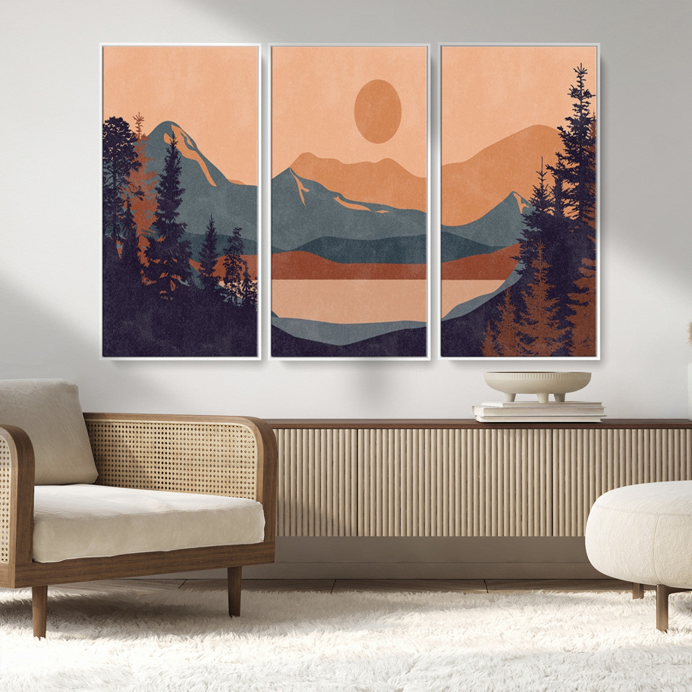 62795-MGV-CV-36X24-Minimalist Mountain Landscape Wall Art – Abstract Sunset Over Peaks and Pine Trees Canvas Print, Modern Nature Decor for Living