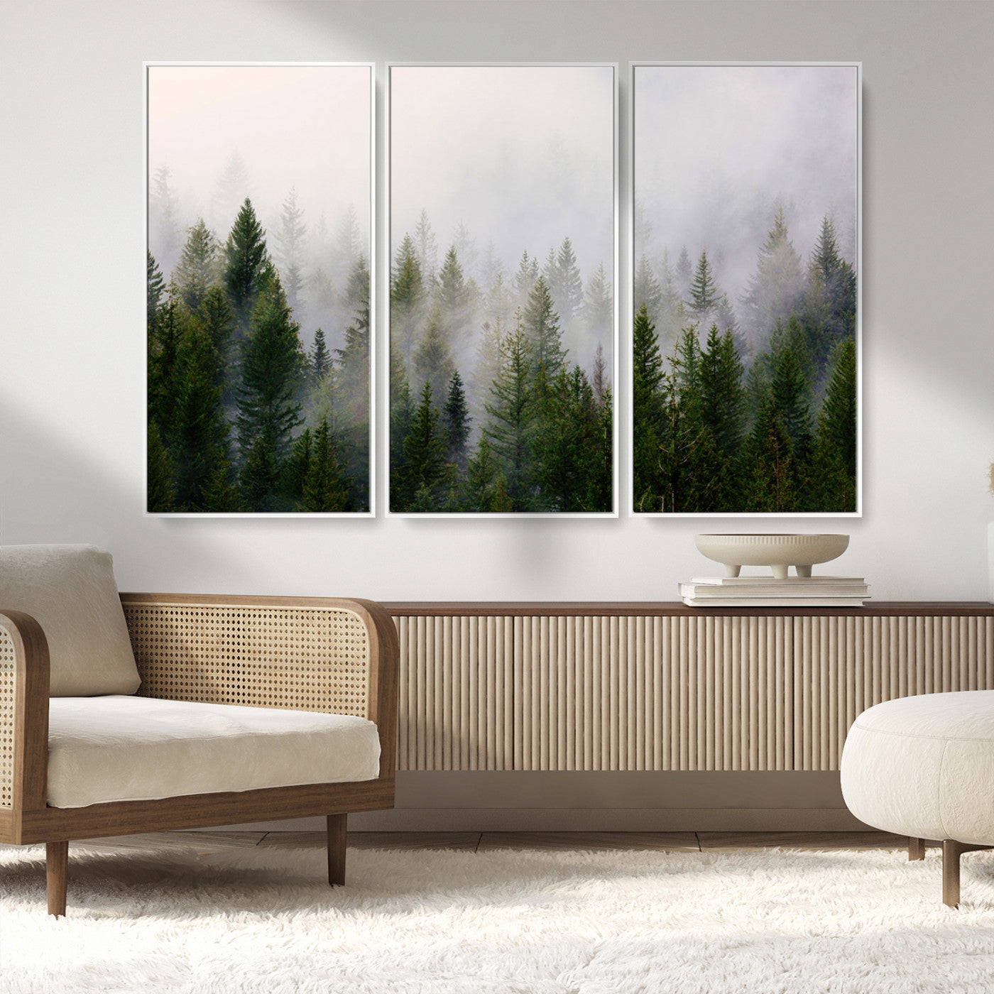 11436-MGV-CV-36X24-Misty Forest Wall Art – Tranquil Evergreen Tree Canvas Print with Foggy Landscape, Nature Inspired Artwork for Bedroom, Living