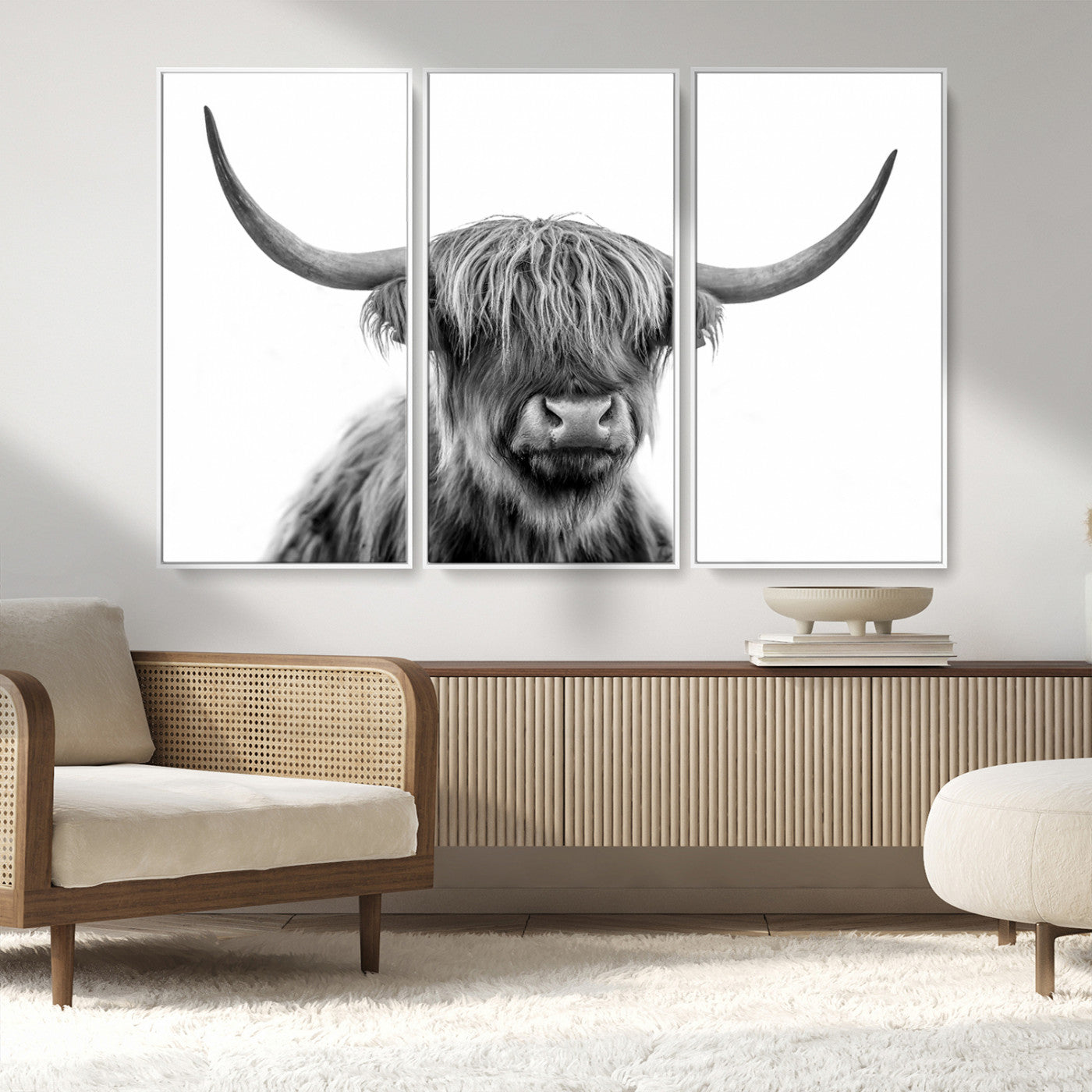 10123-MGV-CV-36X24-Black and White Highland Cow Wall Art – Modern Farmhouse Animal Print, Rustic Scottish Bull Canvas Decor for Living Room, Bedroom,