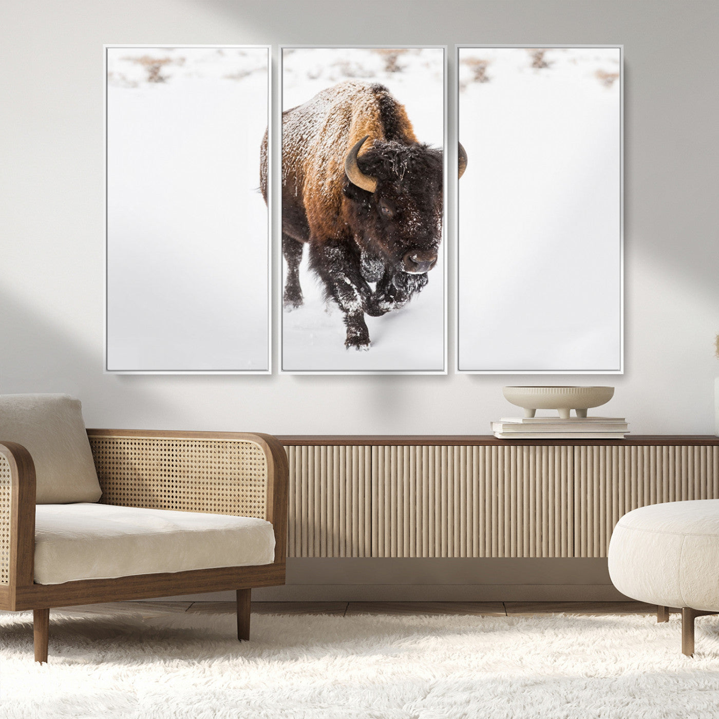 19889-MGV-CV-36X24-Snow Bison Wall Art – Majestic Buffalo Winter Landscape Canvas Print, Rustic Wildlife Photography Decor for Cabin, Lodge, Living