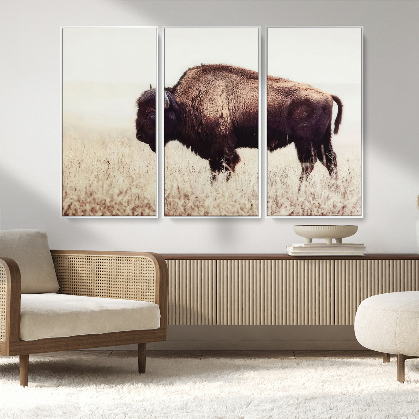 48406-MGV-CV-36X24-American Bison Wall Art – Rustic Buffalo Canvas Print in Prairie Field, Western Wildlife Photography Decor for Cabin, Lodge,