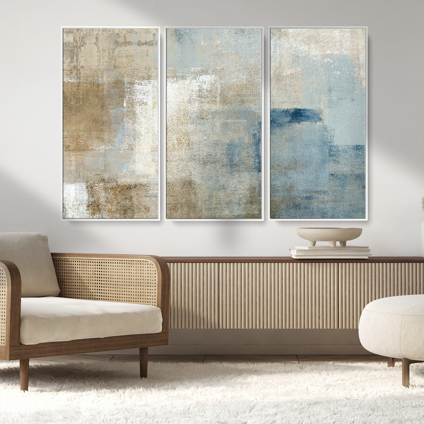 38126-MGV-CV-36X24-Neutral Abstract Wall Art – Modern Beige and Blue Canvas Print and Minimalist Textured Painting for Living Room, Bedroom or Office