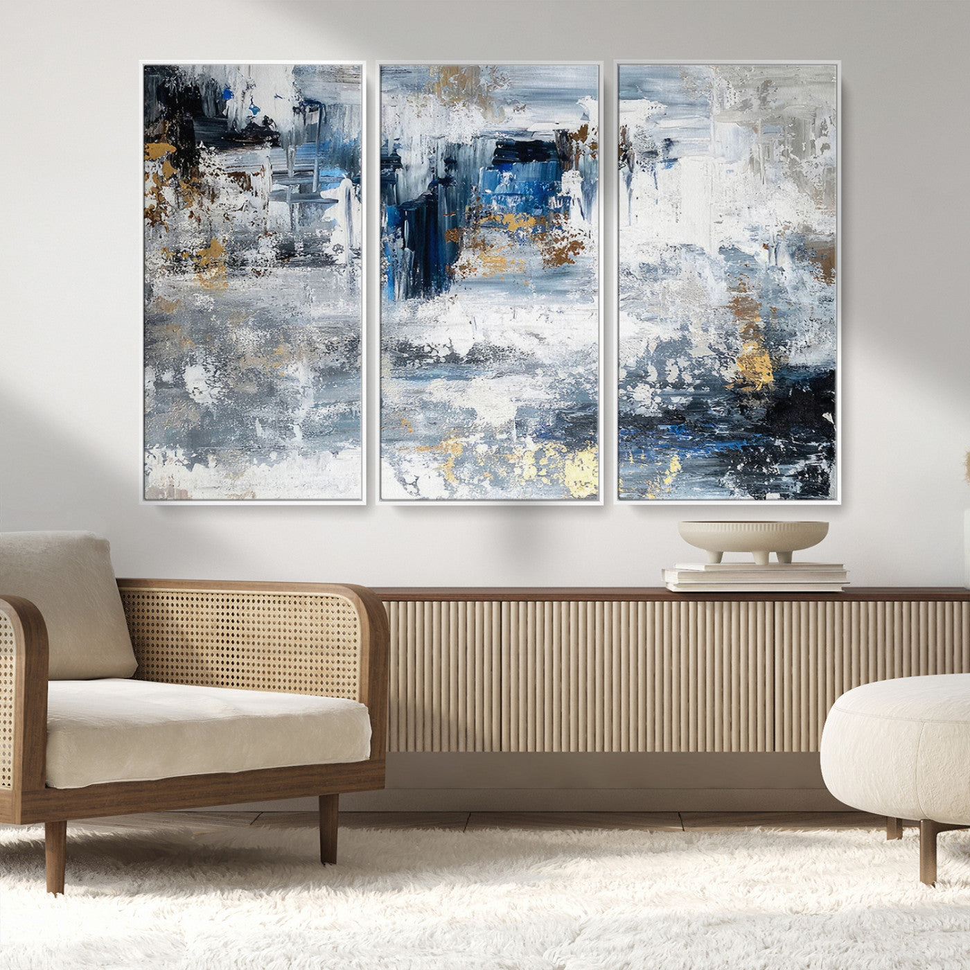 59716-MGV-FC-48X32-3P_White-Abstract Blue and Gold Wall Art – Modern Textured Canvas Print, Contemporary Painting for Living Room, Bedroom, or Office Decor