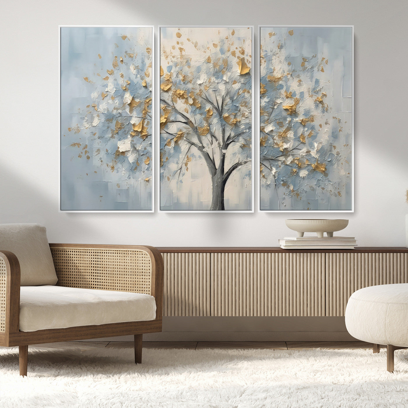 65811-MGV-CV-36X24-Abstract Tree Wall Art – Textured Canvas Painting with Gold and White Leaves, Modern Nature Inspired Decor for Living Room or