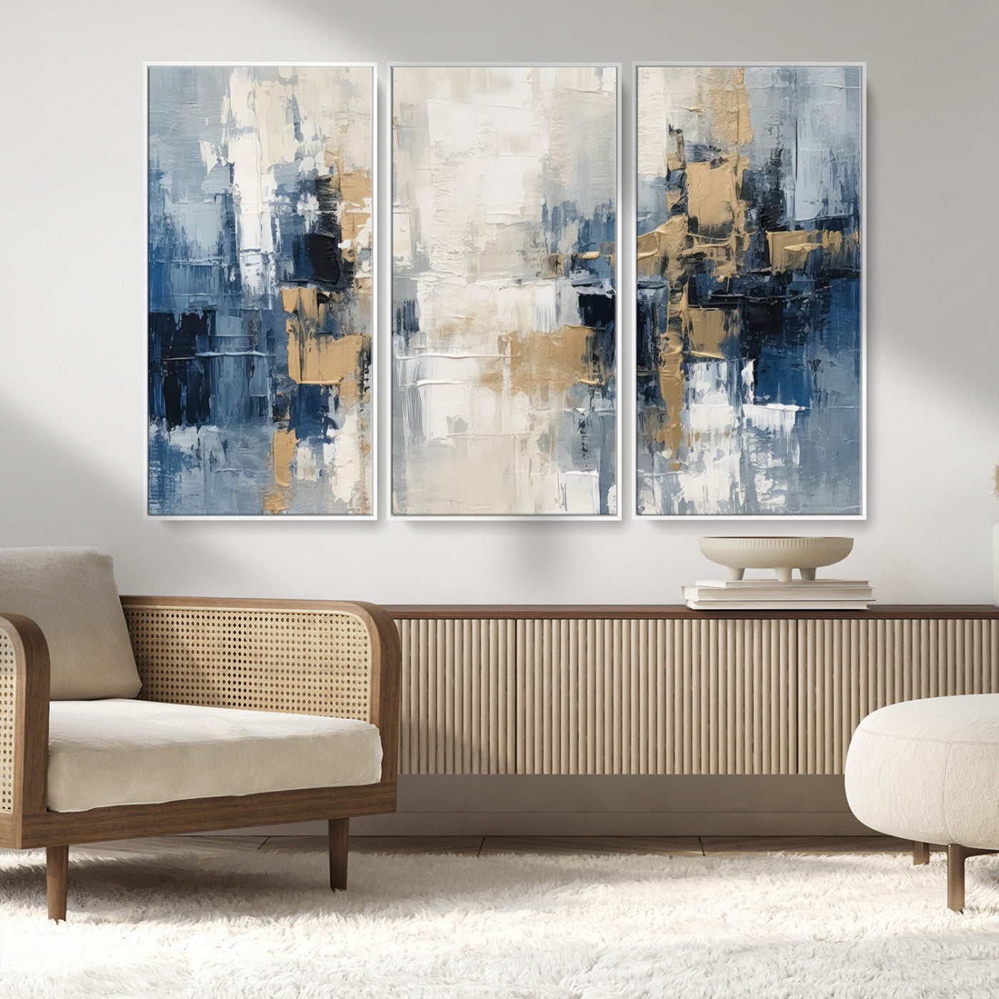 44344-MGV-CV-36X24-Abstract Blue and Gold Wall Art – Modern Hand Painted Canvas Print, Contemporary Textured Painting for Living Room, Bedroom or