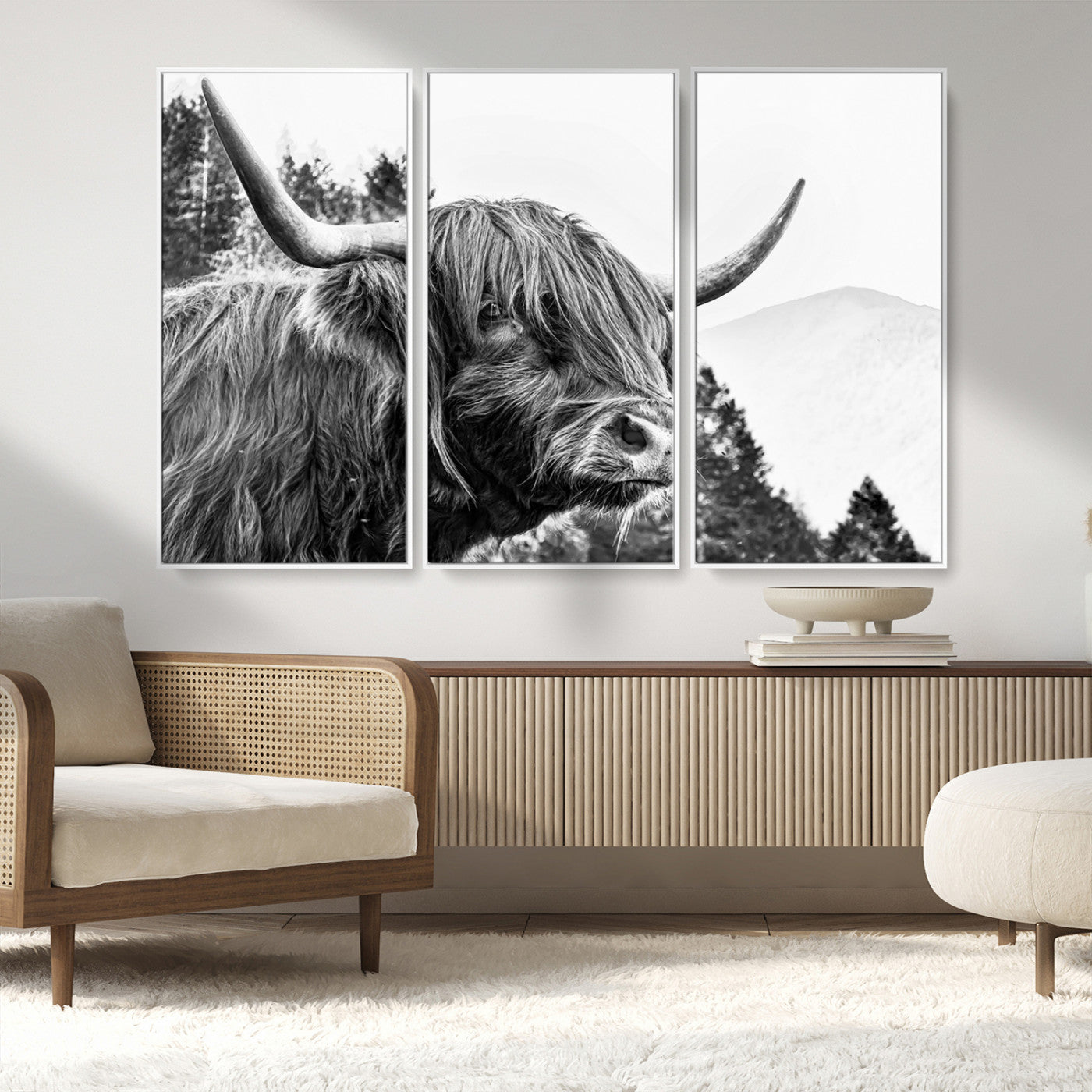 61570-MGV-FC-48X32-3P_White-Highland Cow Wall Art – Black and White Scottish Bull Canvas Print, Rustic Farmhouse Animal Decor for Living Room, Bedroom, or