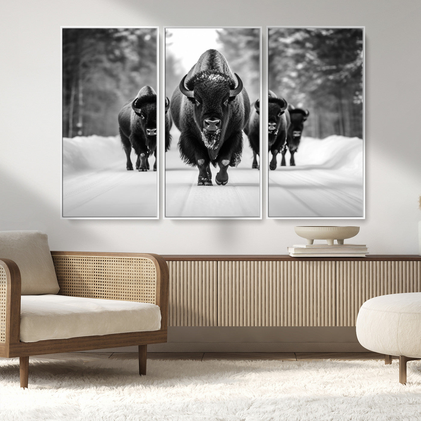 45287-MGV-CV-36X24-Bison Herd Wall Art – Black and White Buffalo Snow Road Canvas Print, Rustic Wildlife Decor for Cabin, Lodge or Living Room