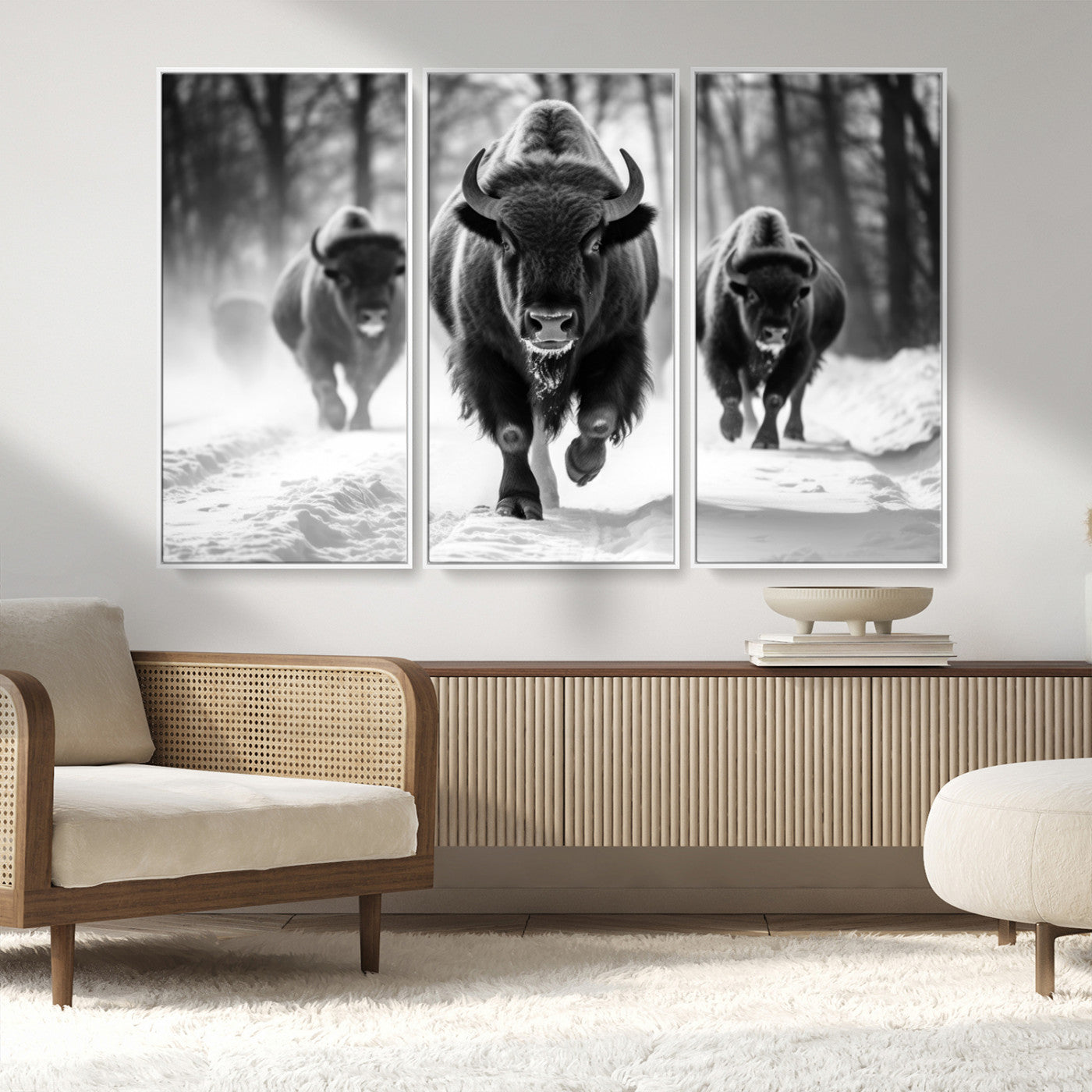 97552-MGV-FC-48X32-3P_White-Black and White Bison Wall Art – Buffalo Herd Running in Snow Canvas Print, Rustic Wildlife Photography Decor for Cabin, Lodge, or