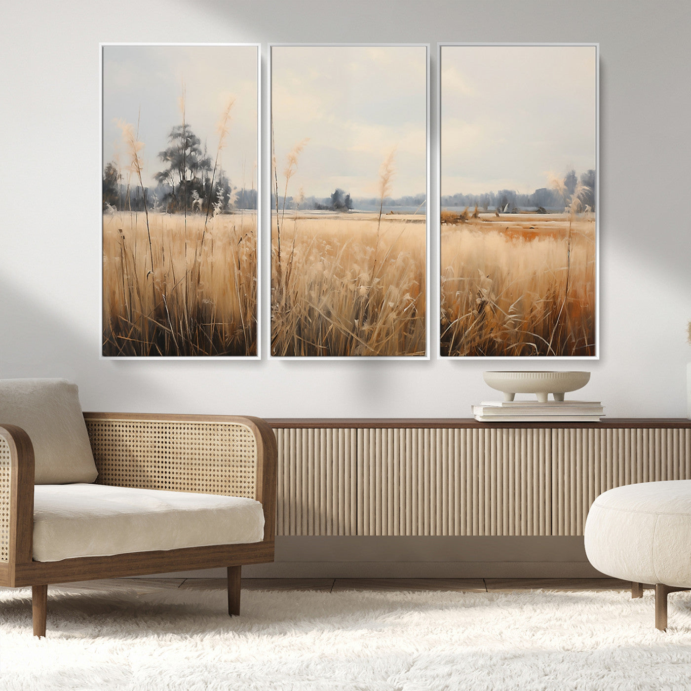 38193-MGV-FC-48X32-3P_White-Golden Meadow Wall Art – Serene Grassland Landscape Canvas Print, Rustic Nature Decor for Bedroom, Living Room or Farmhouse
