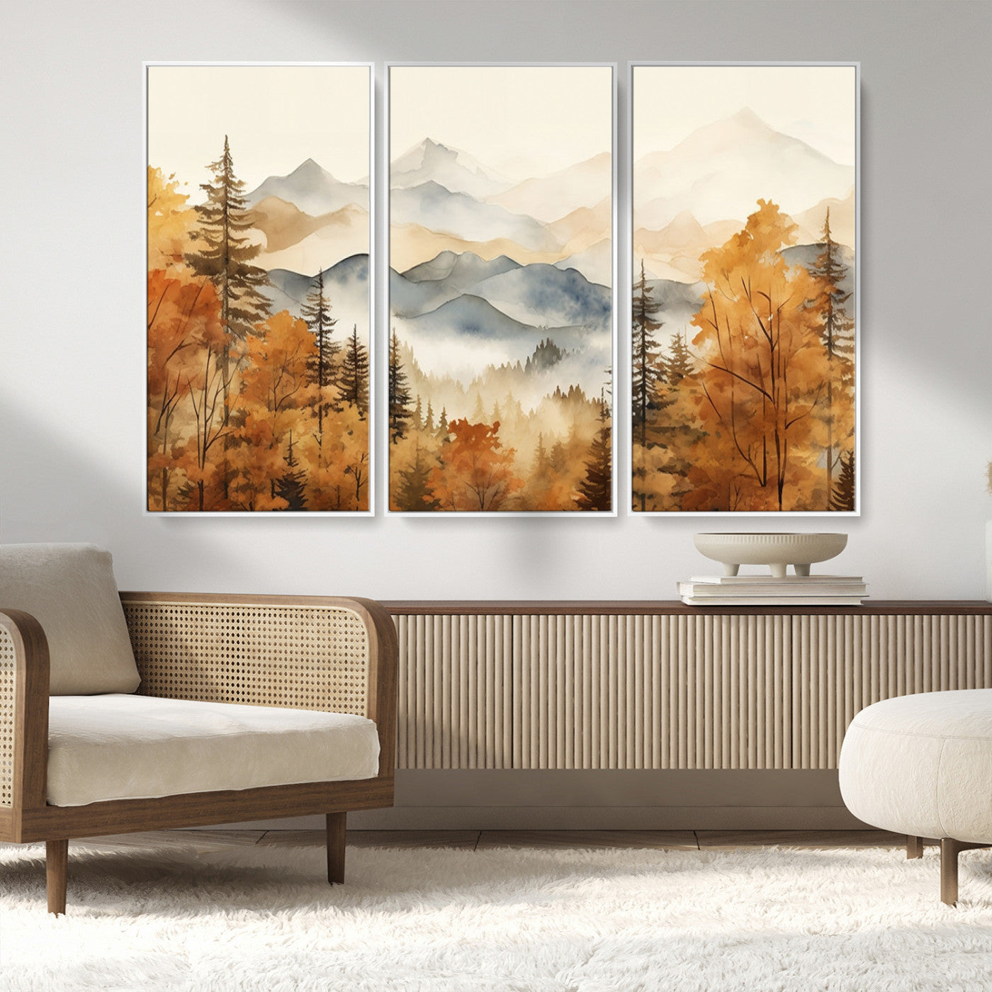 72950-MGV-FC-48X32-3P_White-Autumn Mountain Forest Wall Art – Golden Fall Landscape Canvas Print, Nature-Inspired Home Decor for Living Room, Bedroom or