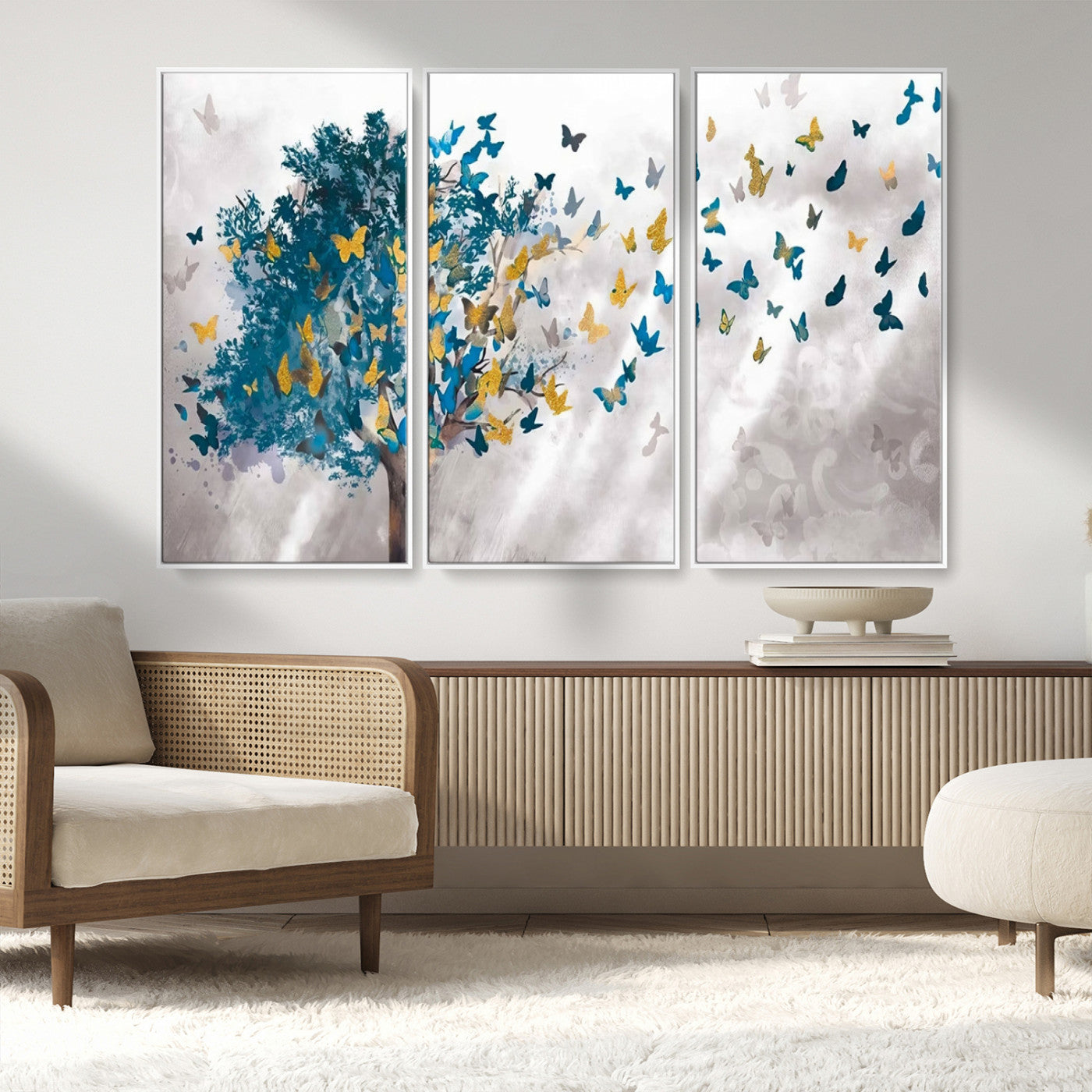 37564-MGV-CV-36X24-Butterfly Tree Wall Art – Modern Nature Canvas Print with Blue and Golden Butterflies, Elegant Decorative Painting for Living Room