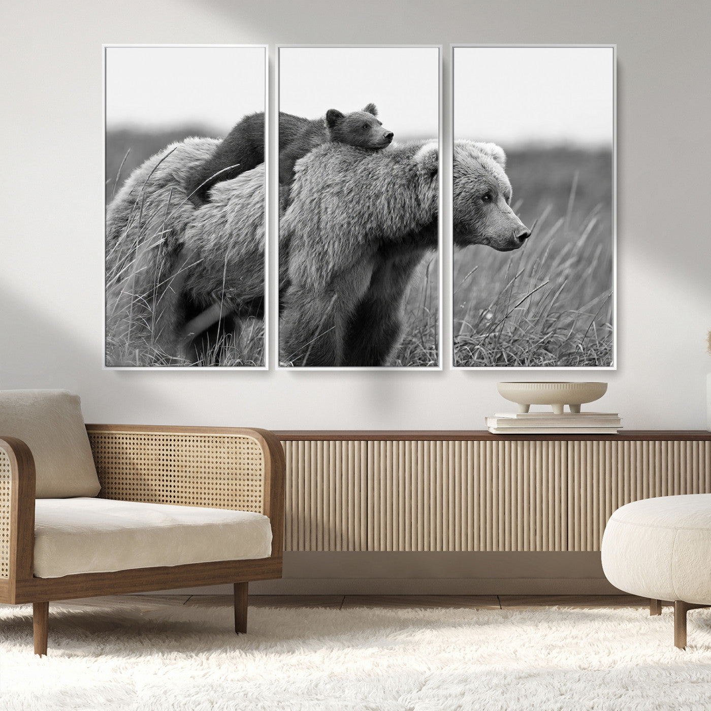 76338-MGV-CV-36X24-Mother Bear and Cub Wall Art – Black and White Wildlife Canvas Print, Rustic Nature Photography for Cabin, Living Room or Office