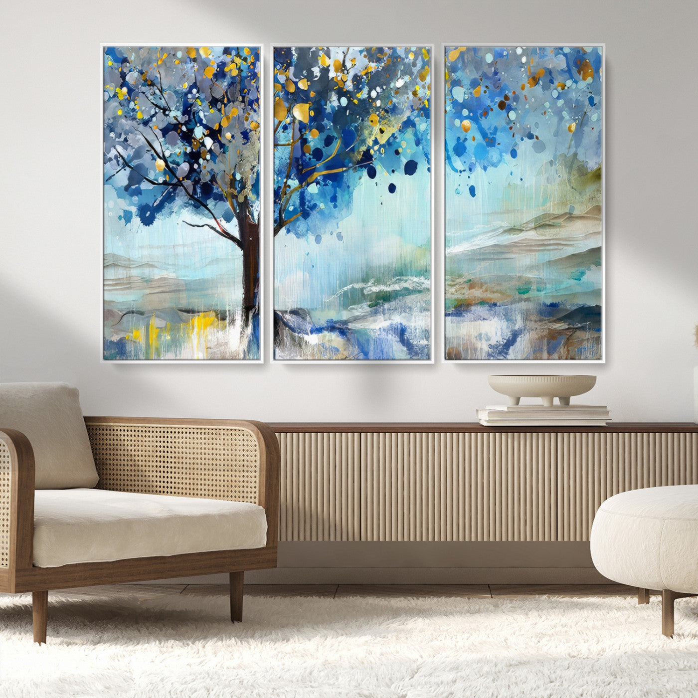 17018-MGV-CV-36X24-Abstract Blue Tree Wall Art – Colorful Canvas Painting with Gold and Silver Accents, Modern Nature Artwork for Living Room,