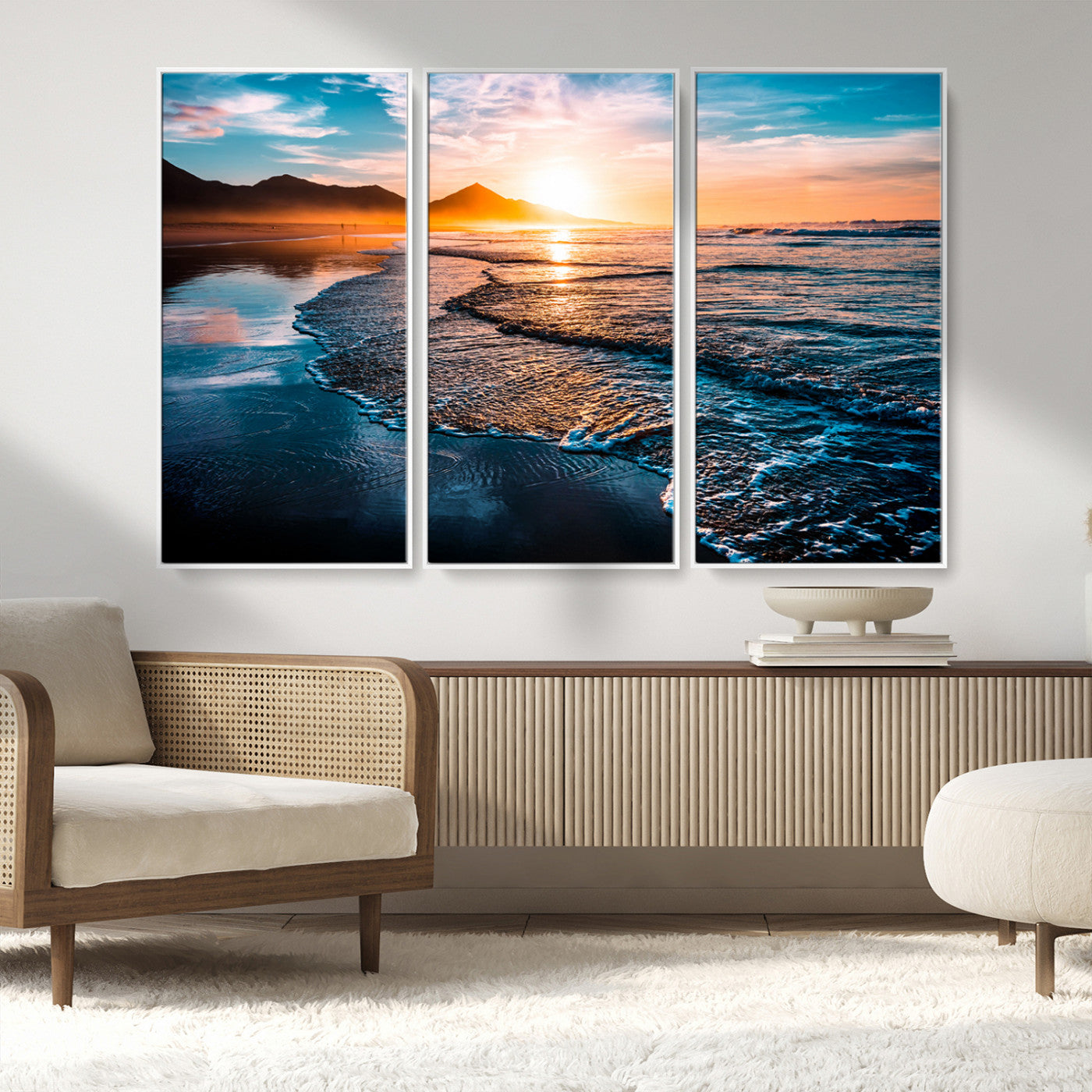 26494-MGV-CV-36X24-Ocean Sunset Wall Art – Scenic Beach Canvas Print with Waves and Mountains, Coastal Seascape Photography for Living Room, Bedroom