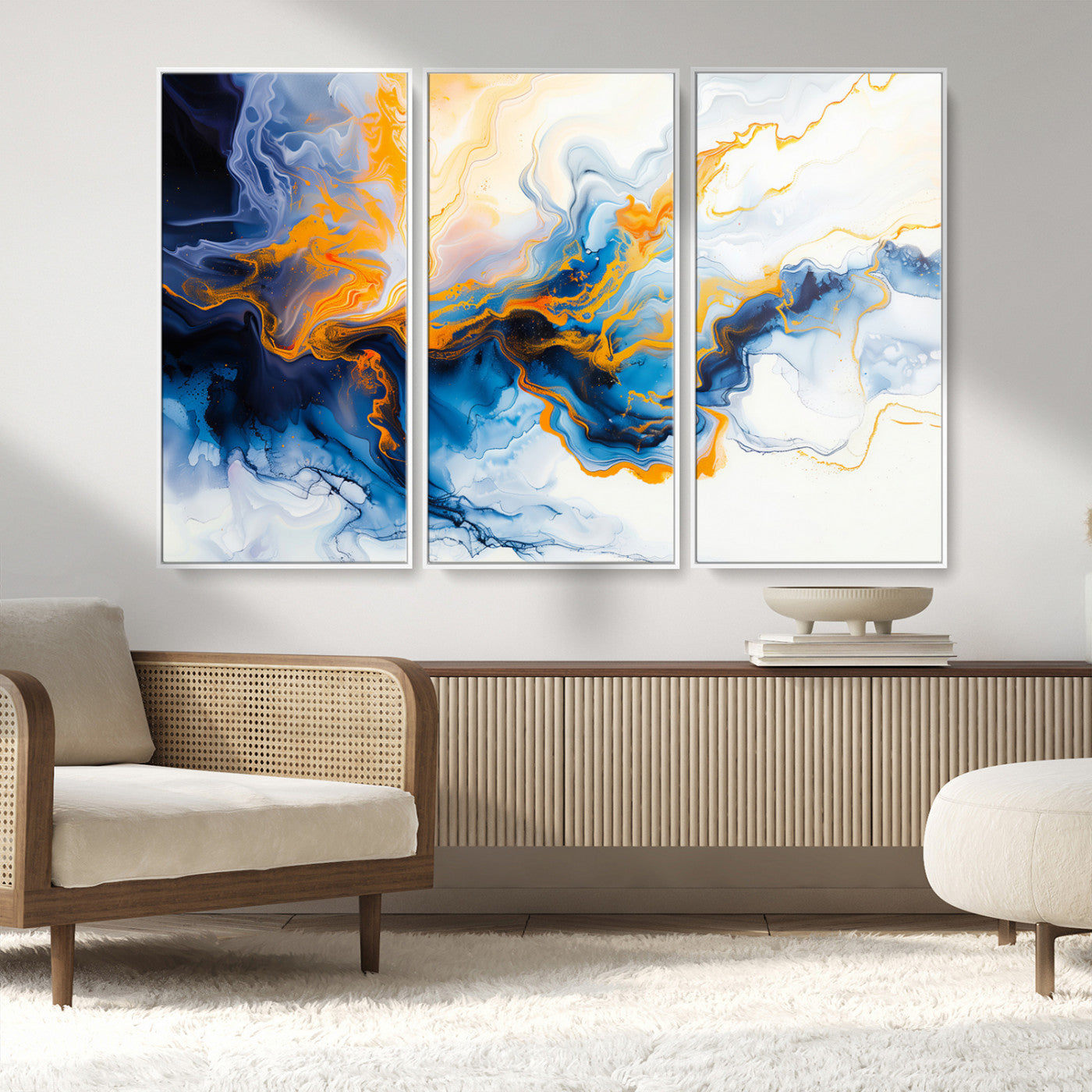 83720-MGV-CV-36X24-Abstract Fluid Wall Art – Blue, White and Gold Swirl Canvas Painting, Modern Contemporary Artwork for Living Room, Bedroom or