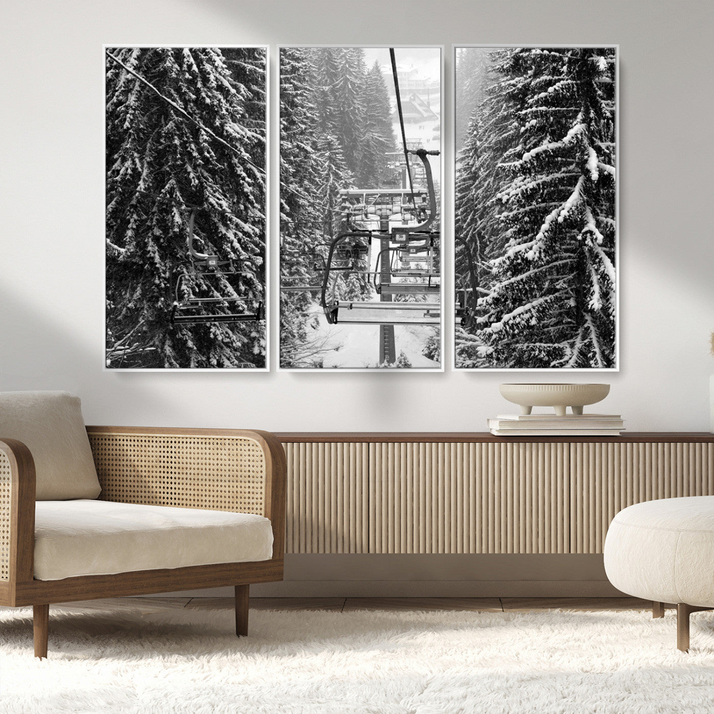19240-MGV-FC-48X32-3P_White-Ski Lift Wall Art – Black and White Winter Mountain Canvas Print, Snowy Forest Ski Resort Photography for Cabin, Lodge, Office or