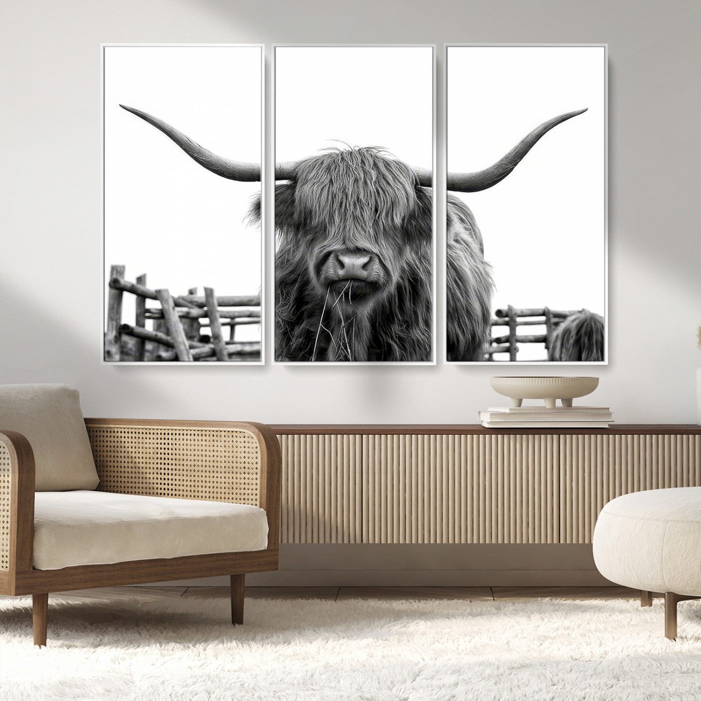 58188-MGV-FC-48X32-3P_White-Highland Cow Wall Art – Black and White Rustic Farmhouse Canvas Print, Longhorn Cattle Photography Decor for Living Room or