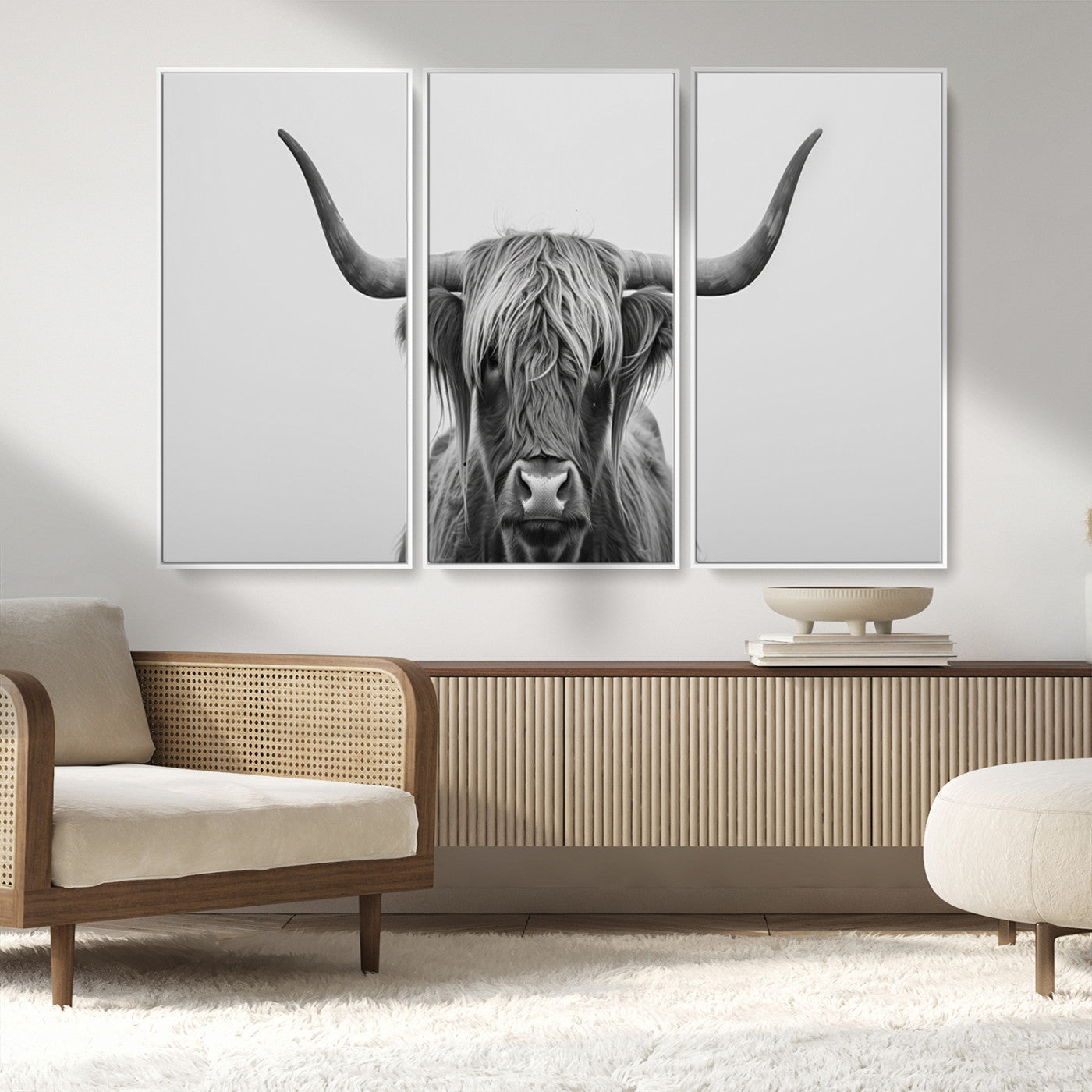 35820-MGV-FC-48X32-3P_White-Minimalist Highland Cow Wall Art – Black and White Longhorn Cattle Canvas Print, Modern Farmhouse Animal Photography Decor for
