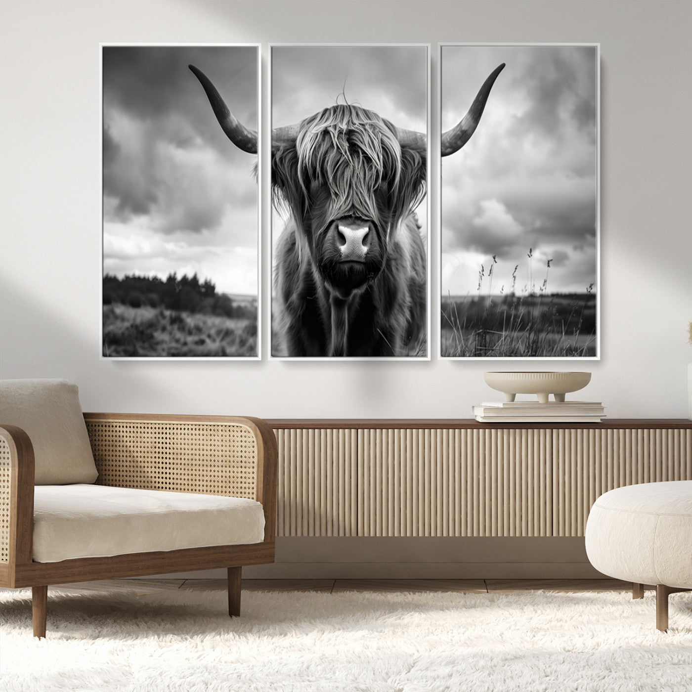 17924-MGV-FC-48X32-3P_White-Highland Cow Wall Art – Black and White Rustic Longhorn Cattle Canvas Print, Farmhouse Animal Photography Decor for Country Home