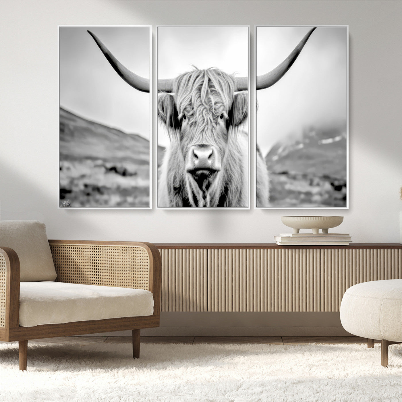 80564-MGV-CV-36X24-Highland Cow Wall Art – Black and White Scottish Highland Canvas Print, Rustic Farmhouse Decor for Living Room, Bedroom or Office