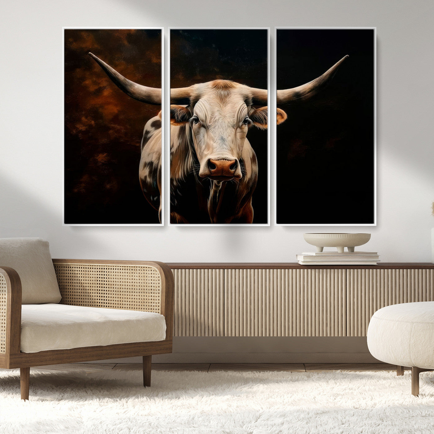 70522-MGV-CV-36X24-Longhorn Bull Wall Art – Striking Canvas Print of Majestic Bull, Premium Animal Decor for Home, Office, Man Cave, or Living Room