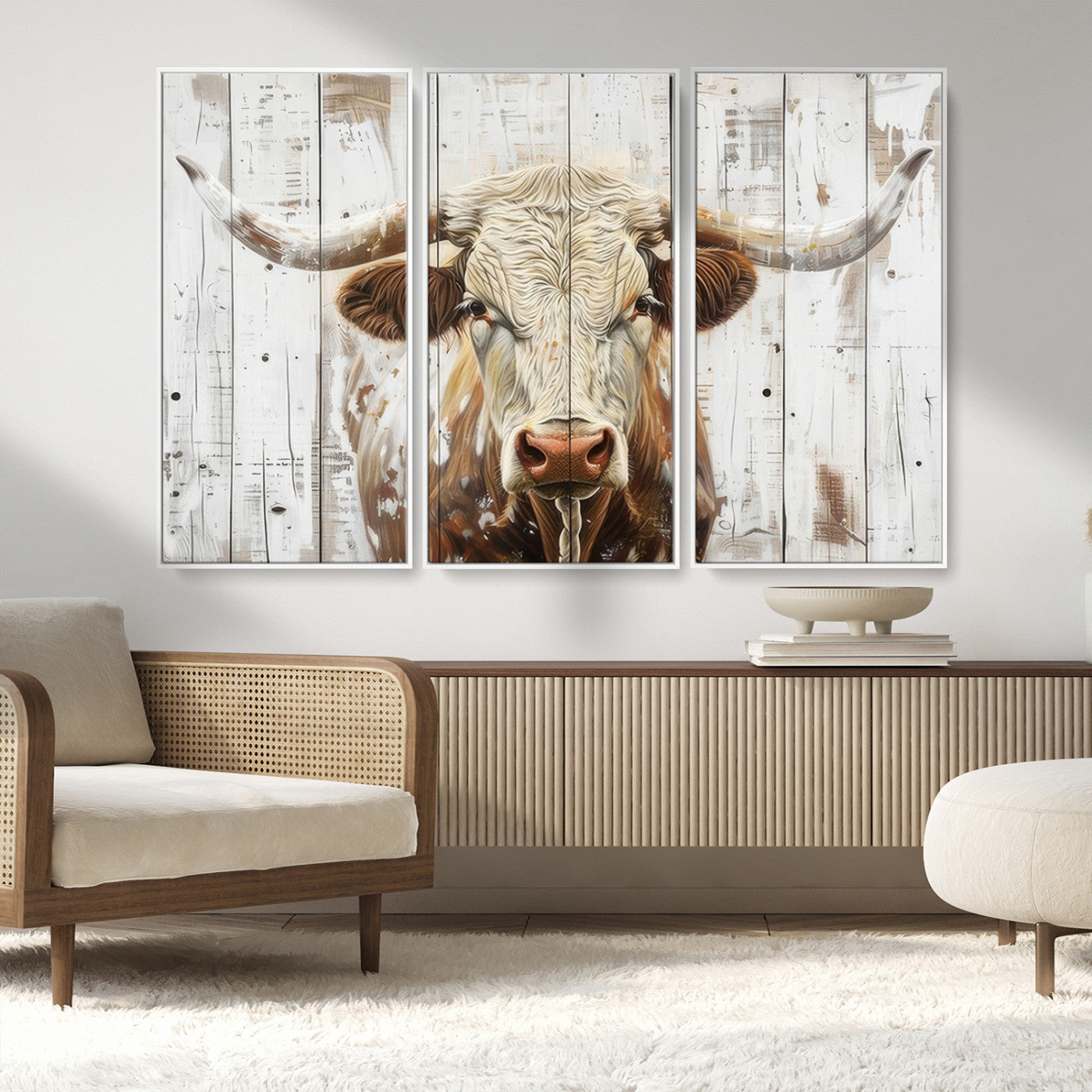 71551-MGV-CV-36X24-Longhorn Bull Wall Art – Rustic Western Cow Canvas Print, Farmhouse Animal Painting with Wood Plank Style for Living Room, Office
