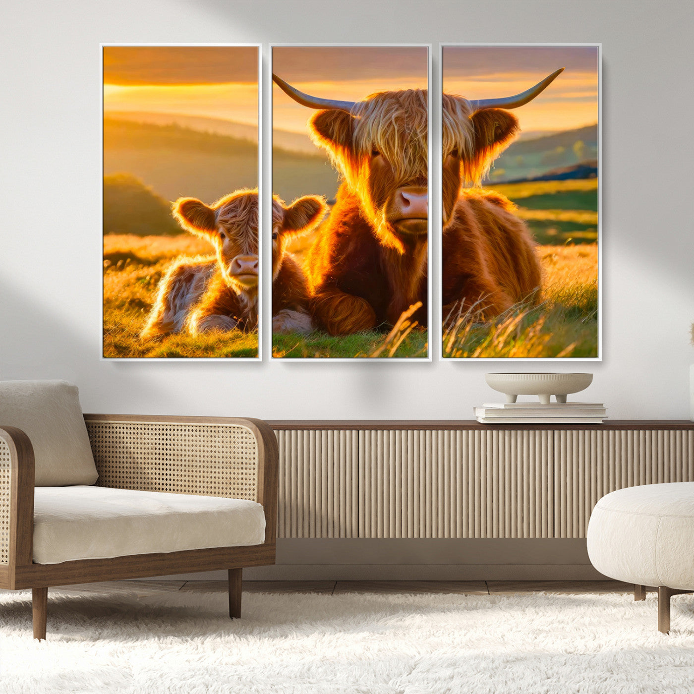 20567-MGV-FC-48X32-3P_White-Highland Cow and Calf Wall Art – Rustic Farmhouse Sunset Cattle Canvas Print, Country Animal Artwork for Living Room, Bedroom, or