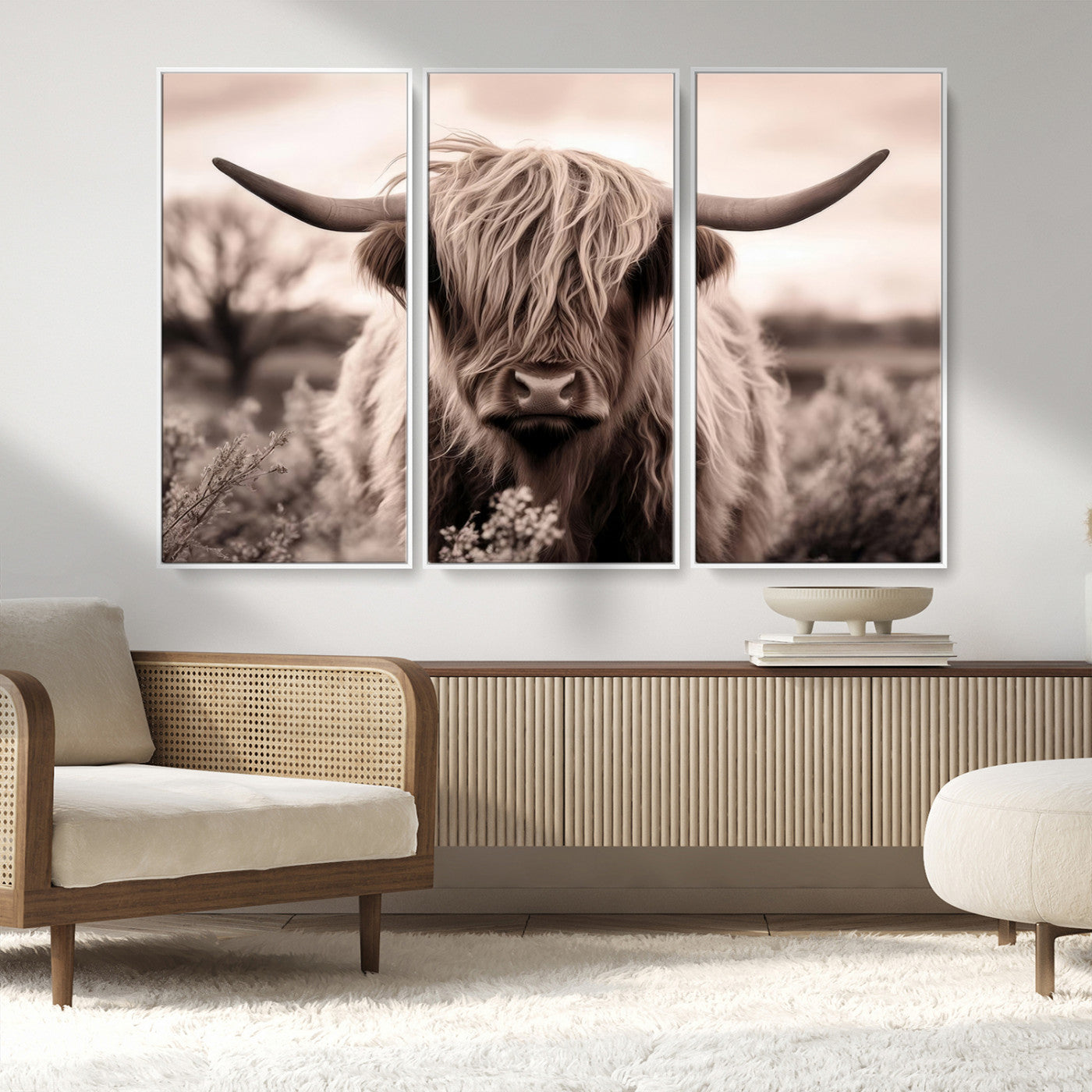 55903-MGV-FC-48X32-3P_White-Highland Cow Wall Art – Rustic Sepia Scottish Highland Bull Canvas Print, Farmhouse Country Animal Decor for Living Room, Bedroom