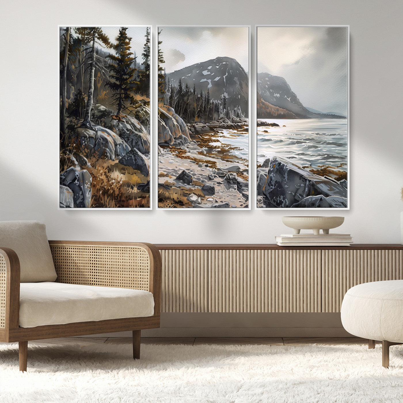 41281-MGV-CV-36X24-Rocky Shoreline Wall Art – Panoramic Mountain Coast and Forest Canvas Print, Rustic Nature Landscape Decor for Cabin, Lodge, or