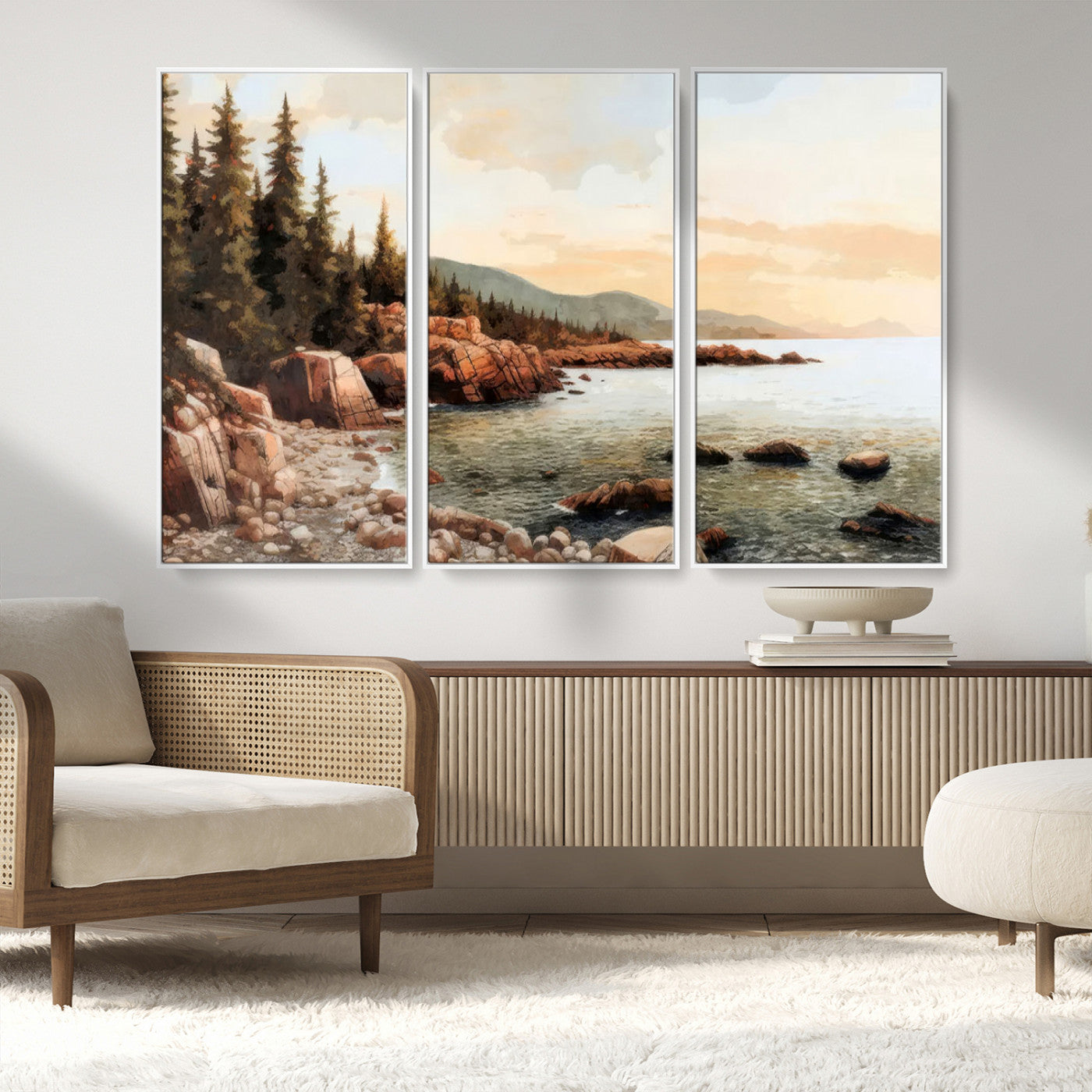 77145-MGV-CV-36X24-Coastal Landscape Wall Art – Panoramic Rocky Shoreline and Pine Trees Canvas Print, Rustic Nature Decor for Cabin, Lodge, Office,