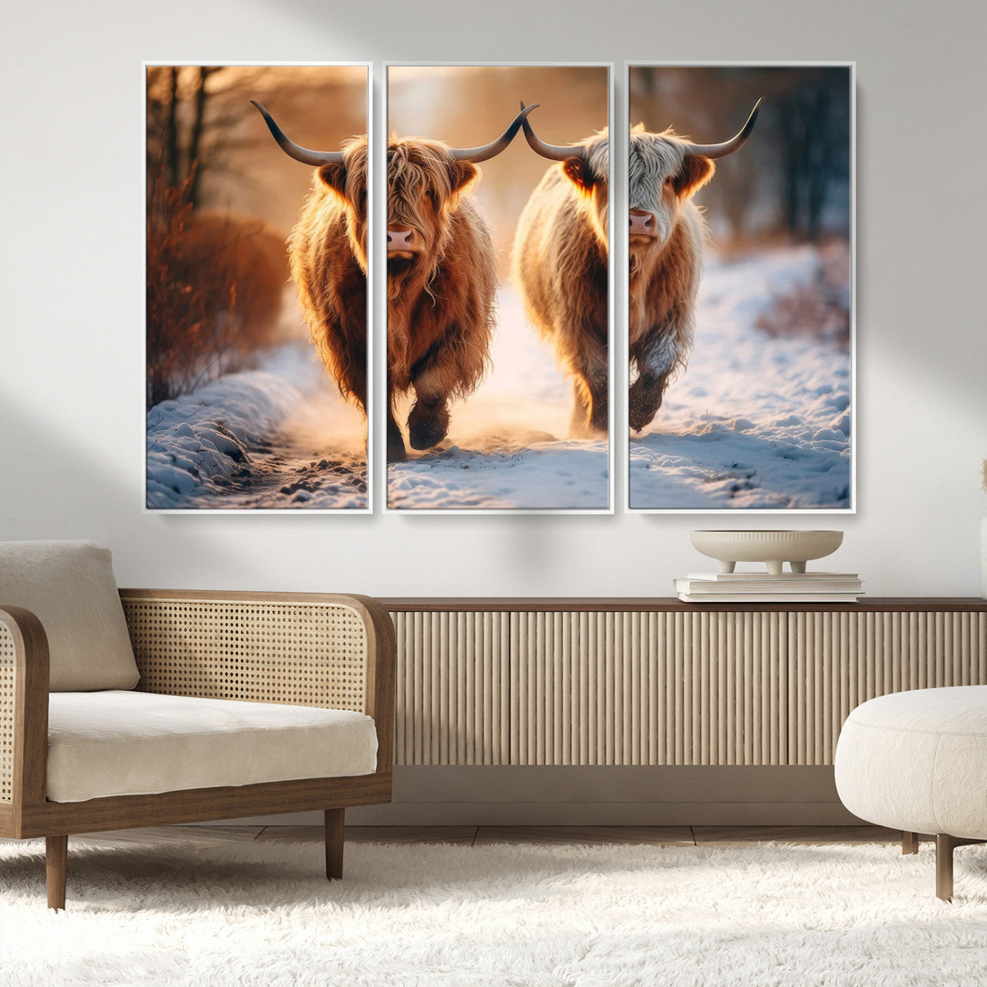 50490-MGV-CV-36X24-Highland Cow Wall Art – Rustic Panoramic Canvas Print Two Cattle Snowy Landscape, Farmhouse Country Decor for Living Room Office