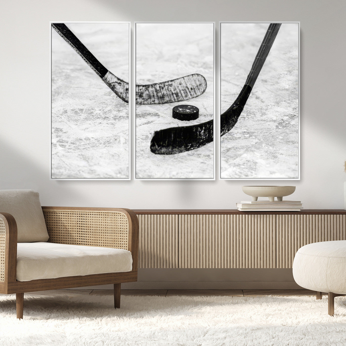 82900-MGV-CV-36X24-Hockey Wall Art – Black and White Canvas Print Ice Rink Sticks Puck Sports Photography, Modern Decor for Game Room, Man Cave,