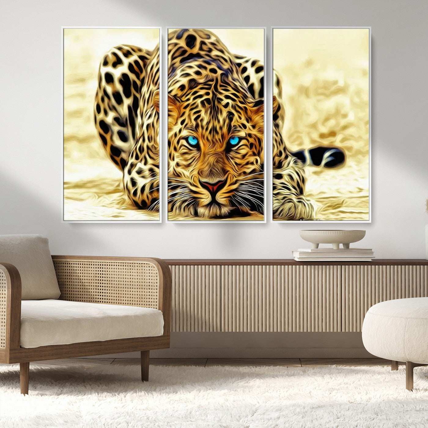 45281-MGV-FC-48X32-3P_White-Blue Eye Leopard Wall Art Canvas Print, Framed Leopard Painting Art Picture Print, Big Cat Perfect Safari Wildlife Decor Artwork