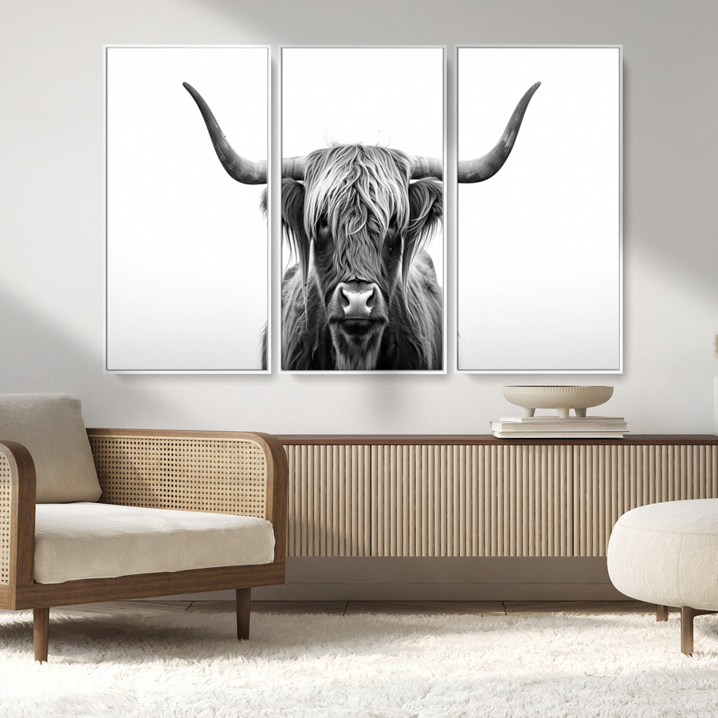 49556-MGV-CV-36X24-Highland Cow Wall Art – Black and White Scottish Highland Cattle Print, Rustic Farmhouse Minimalist Animal Portrait Canvas for