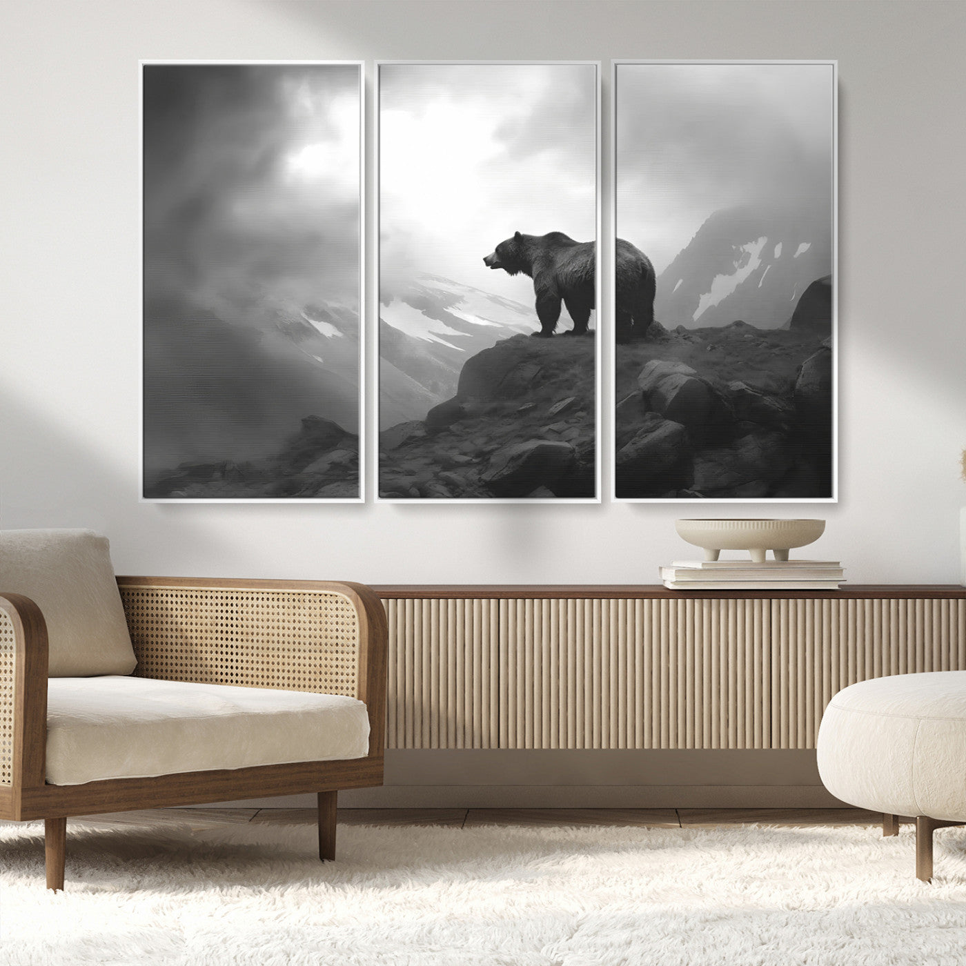 49504-MGV-FC-48X32-3P_White-Black and White Grizzly Bear Wall Art – Wilderness Wildlife Painting, Rustic Mountain Cabin Decor, Monochrome Animal Print for