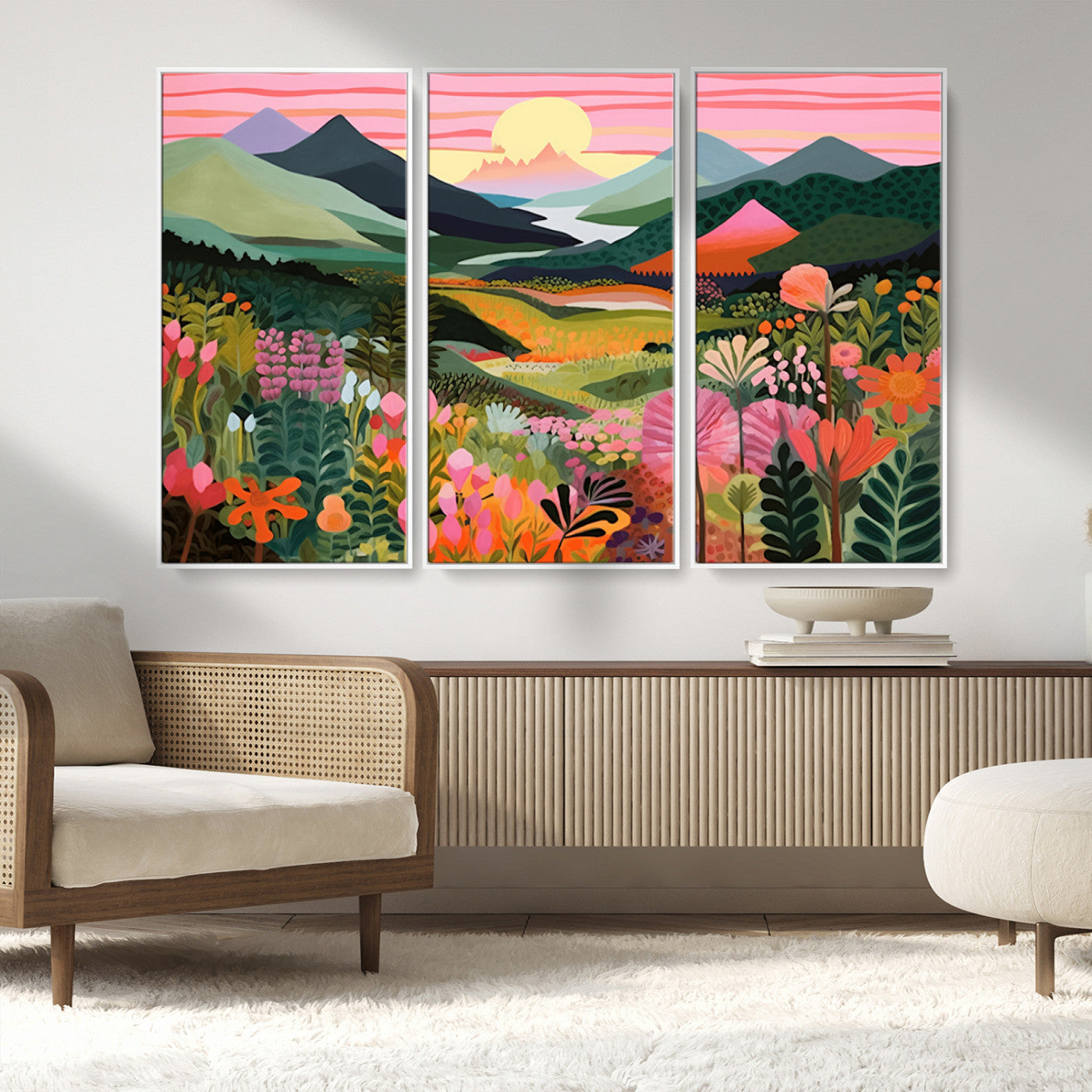 99638-MGV-FC-48X32-3P_White-Sunset Meadow Wall Art – Panoramic Mountain Landscape with Wildflowers Canvas Print, Vibrant Nature Decor for Living Room, Bedroom