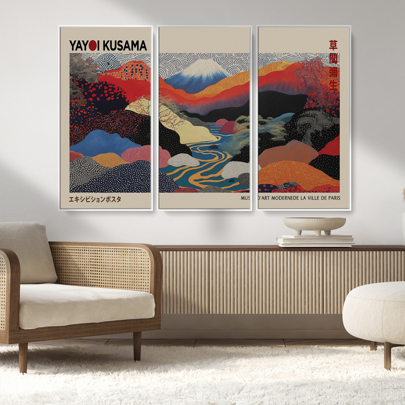 27188-MGV-FC-48X32-3P_White-Yayoi Kusama Wall Art – Panoramic Abstract Landscape Canvas Print, Vibrant Modern Decor for Living Room, Bedroom, Office, or Art