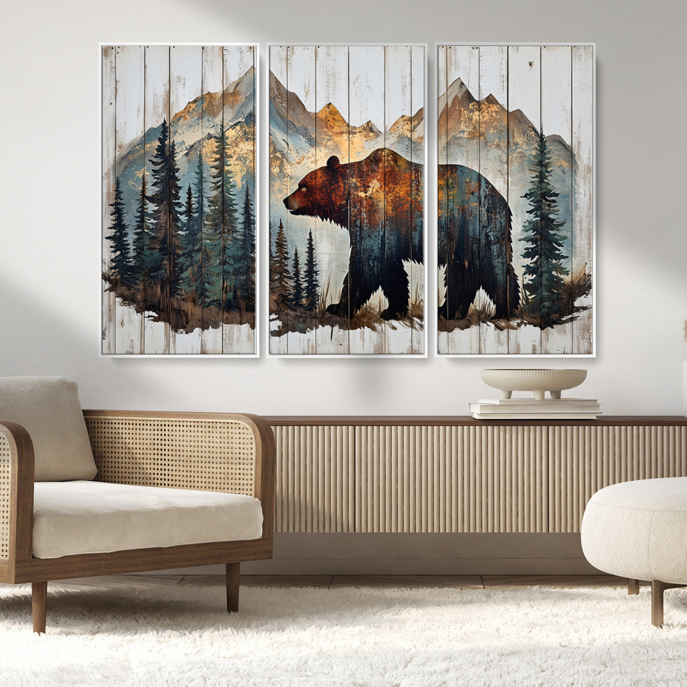 55777-MGV-CV-36X24-Rustic Bear Wall Art Canvas Print, Framed Mountain and Forest Art Picture Print, Wooden Bear Perfect Rustic Lodge Decor Artwork