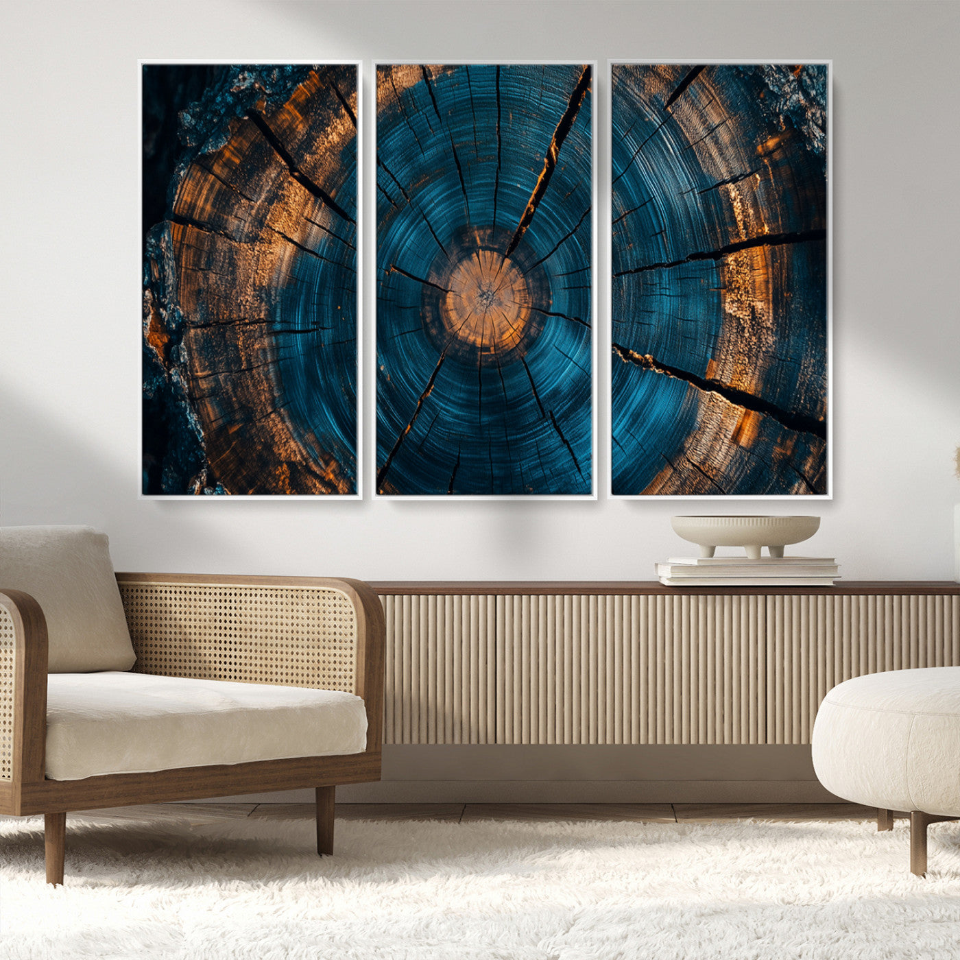 65231-MGV-CV-36X24-Blue and Gold Tree Ring Wall Art – Rustic Abstract Wood Slice Canvas Print, Modern Nature Inspired Artwork for Living Room,