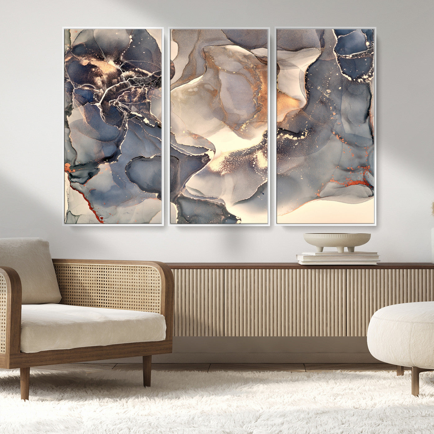 18202-MGV-CV-36X24-Abstract Neutral Wall Art – Blue, Beige and Gold Fluid Ink Canvas Print, Modern Minimalist Painting for Living Room, Office