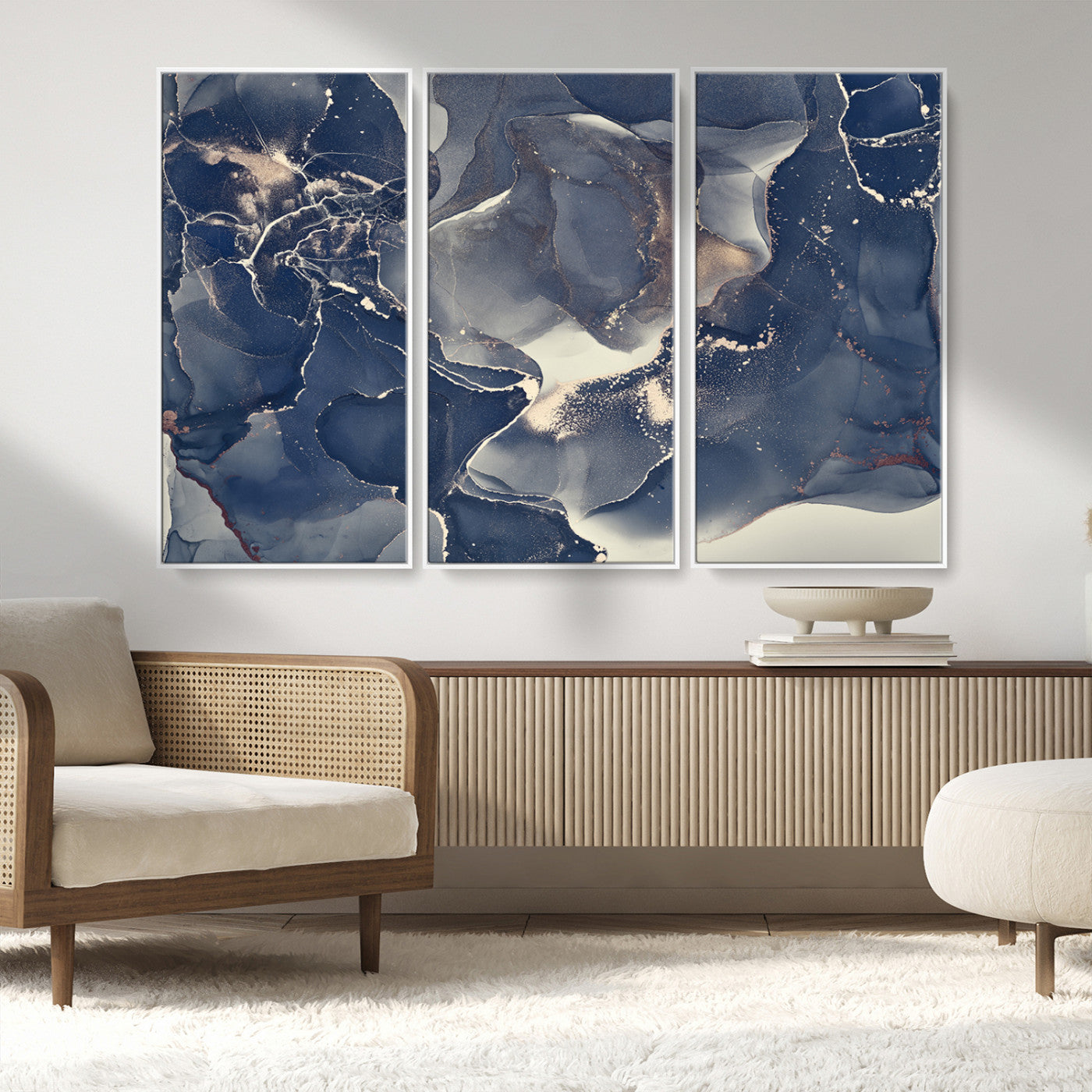 28282-MGV-CV-36X24-Blue Abstract Wall Art – Modern Ink Swirl Canvas Print, Contemporary Navy and Gold Painting for Living Room, Bedroom, Office or