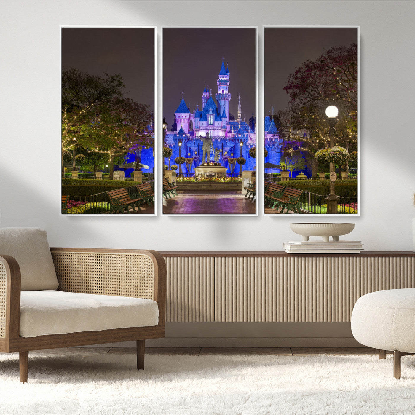 63560-MGV-CV-36X24-Fairy Tale Castle Wall Art – Magical Night Scene Canvas Print with Lights and Gardens, Fantasy Architecture Artwork for Living