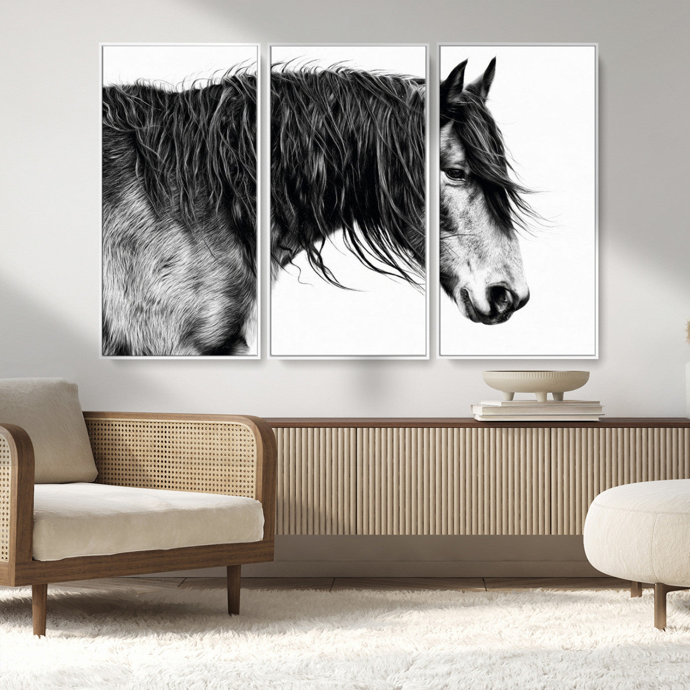 57694-MGV-CV-36X24-Horse Portrait Wall Art – Black and White Canvas Print with Detailed Stallion Profile, Rustic Farmhouse Equestrian Artwork for