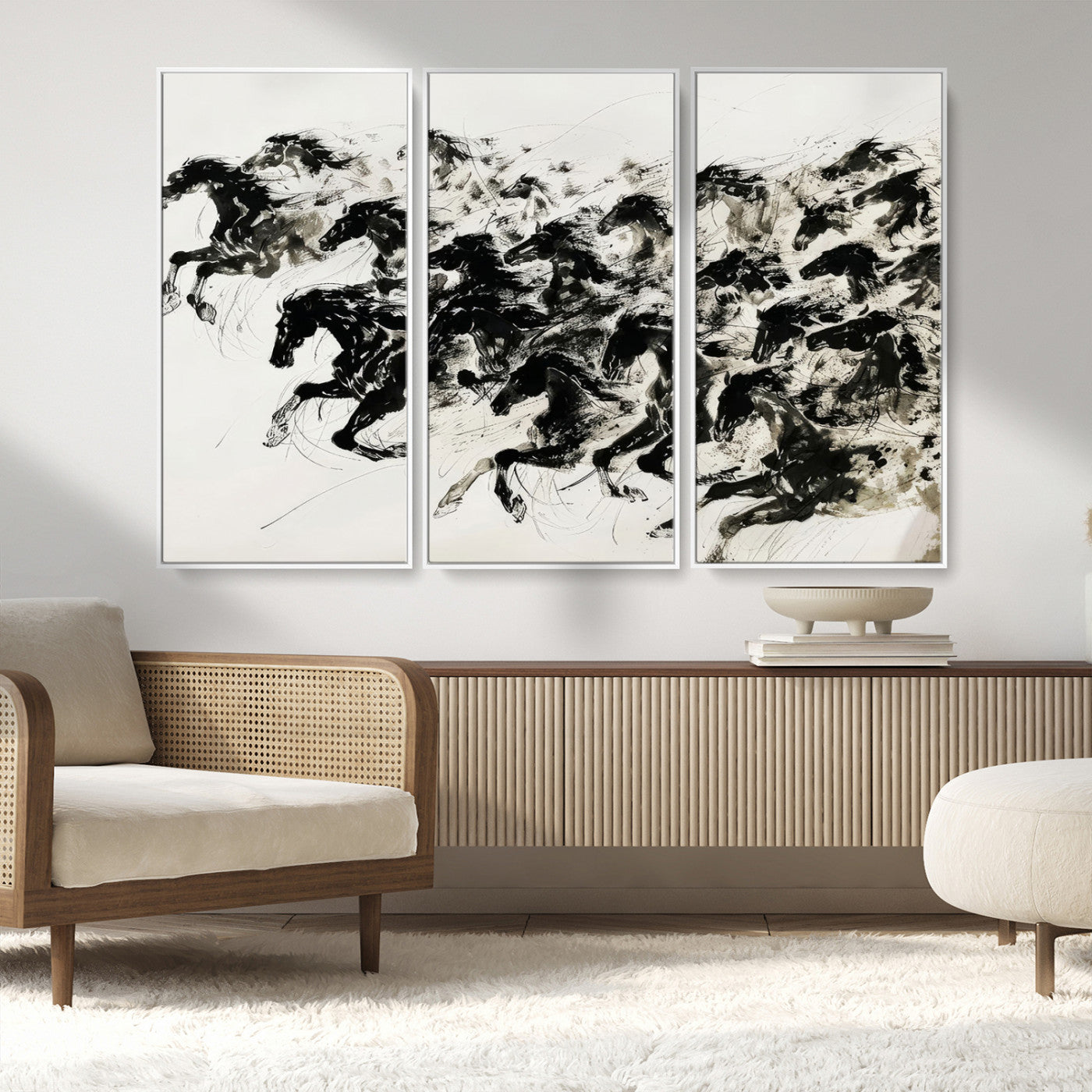 23069-MGV-FC-48X32-3P_White-Galloping Horses Wall Art – Black Ink Painting on Canvas, Dynamic Equestrian Artwork with Running Stallions, Expressive Modern